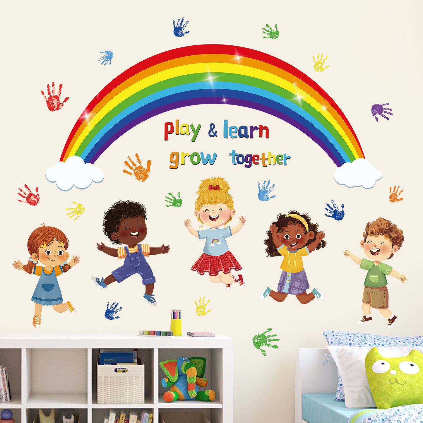 wondever Kids Classroom Wall Stickers Rainbow Handprint Diversity Equality Peel and Stick Wall Art Decals