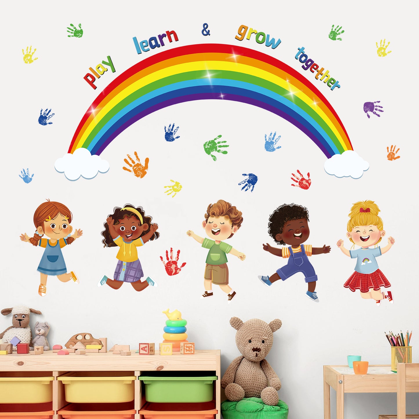 wondever Kids Classroom Wall Stickers Rainbow Handprint Diversity Equality Peel and Stick Wall Art Decals