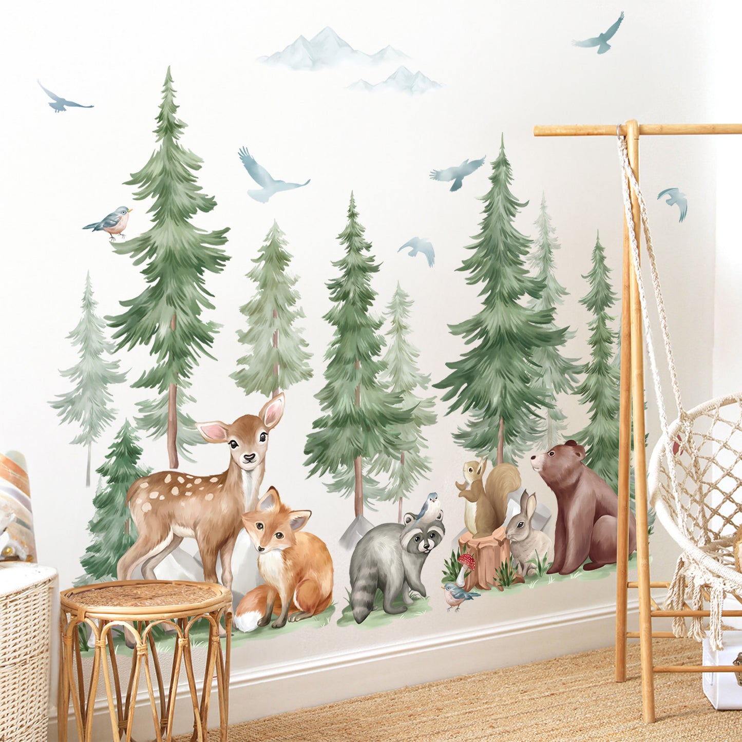 wondever Large Pine Tree Animal Wall Stickers Forest Animal Bear Fox Peel and Stick Wall Art Decals for Kids Room Baby Nursery Bedroom
