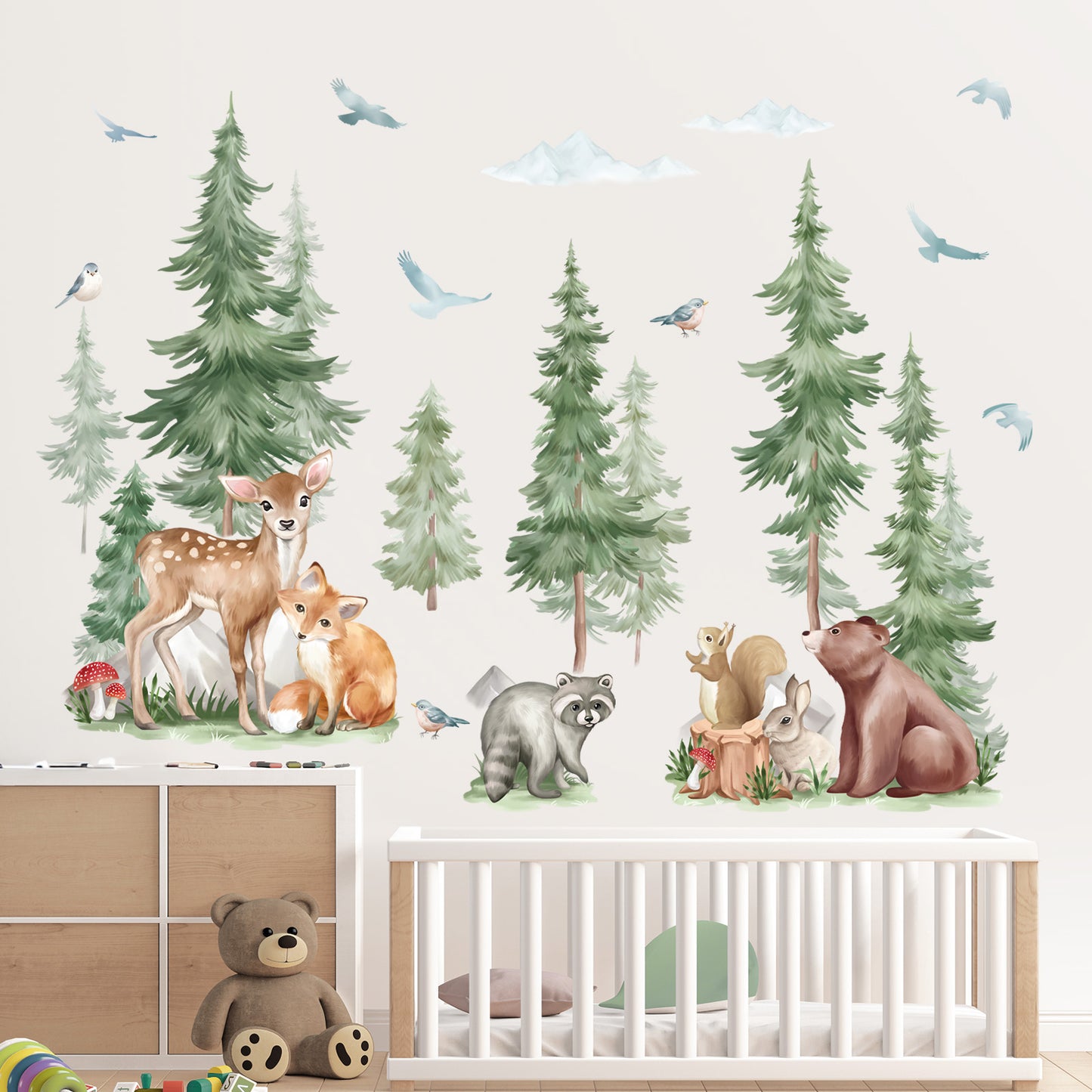wondever Large Pine Tree Animal Wall Stickers Forest Animal Bear Fox Peel and Stick Wall Art Decals for Kids Room Baby Nursery Bedroom