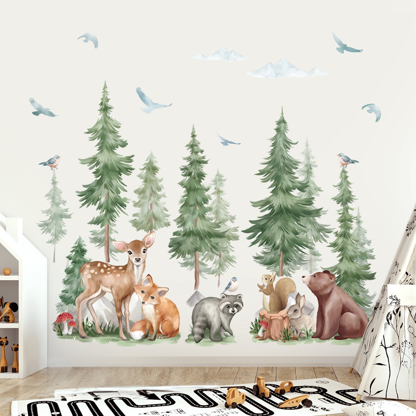 wondever Large Pine Tree Animal Wall Stickers Forest Animal Bear Fox Peel and Stick Wall Art Decals for Kids Room Baby Nursery Bedroom