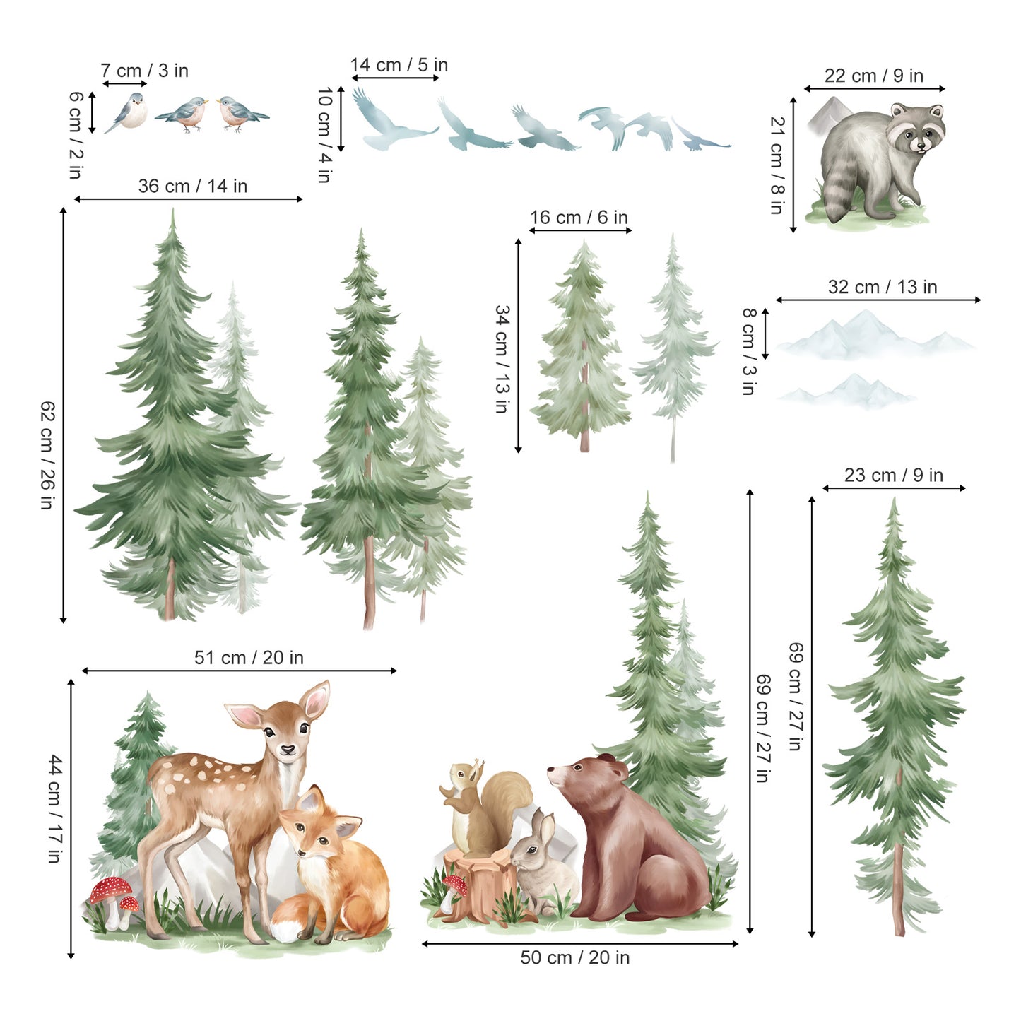 wondever Large Pine Tree Animal Wall Stickers Forest Animal Bear Fox Peel and Stick Wall Art Decals for Kids Room Baby Nursery Bedroom
