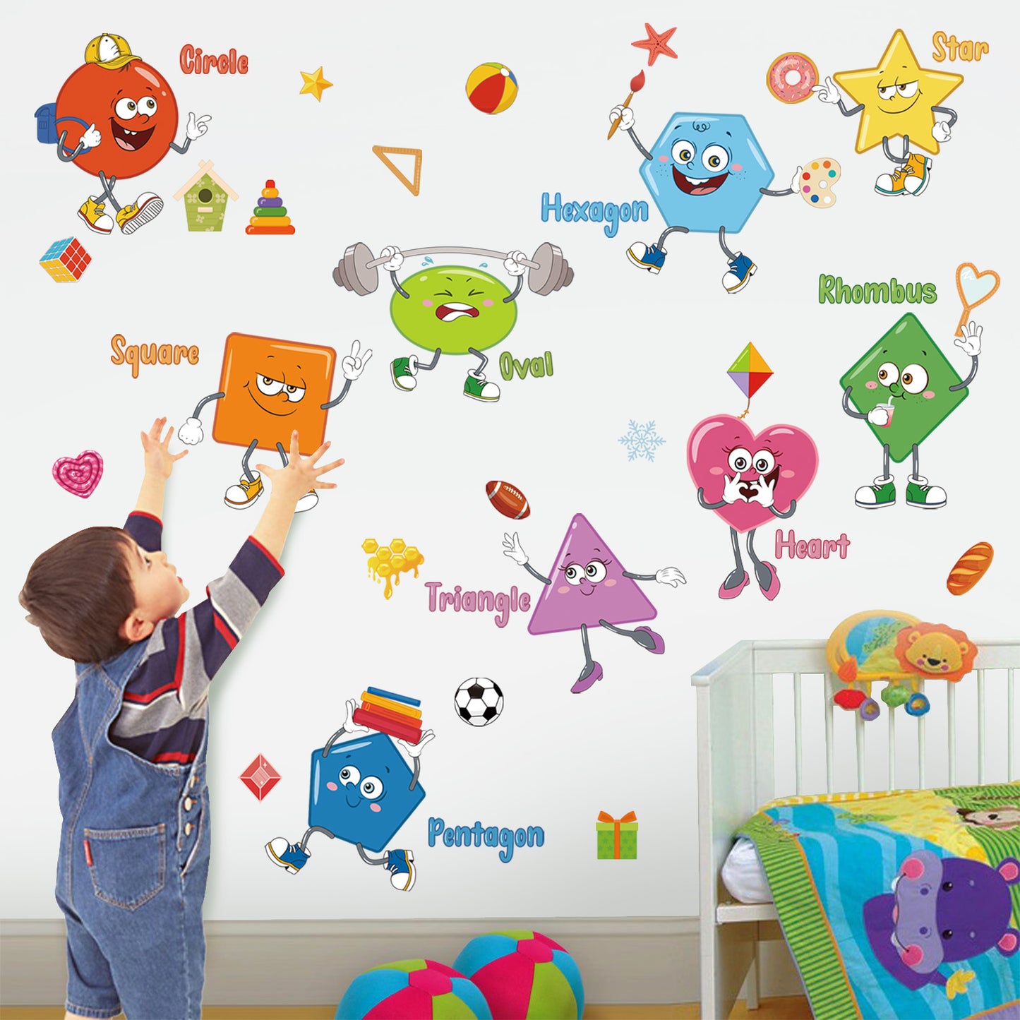 wondever Colorful Shapes Wall Stickers Educational Learning Geometry Peel and Stick Wall Art Decals
