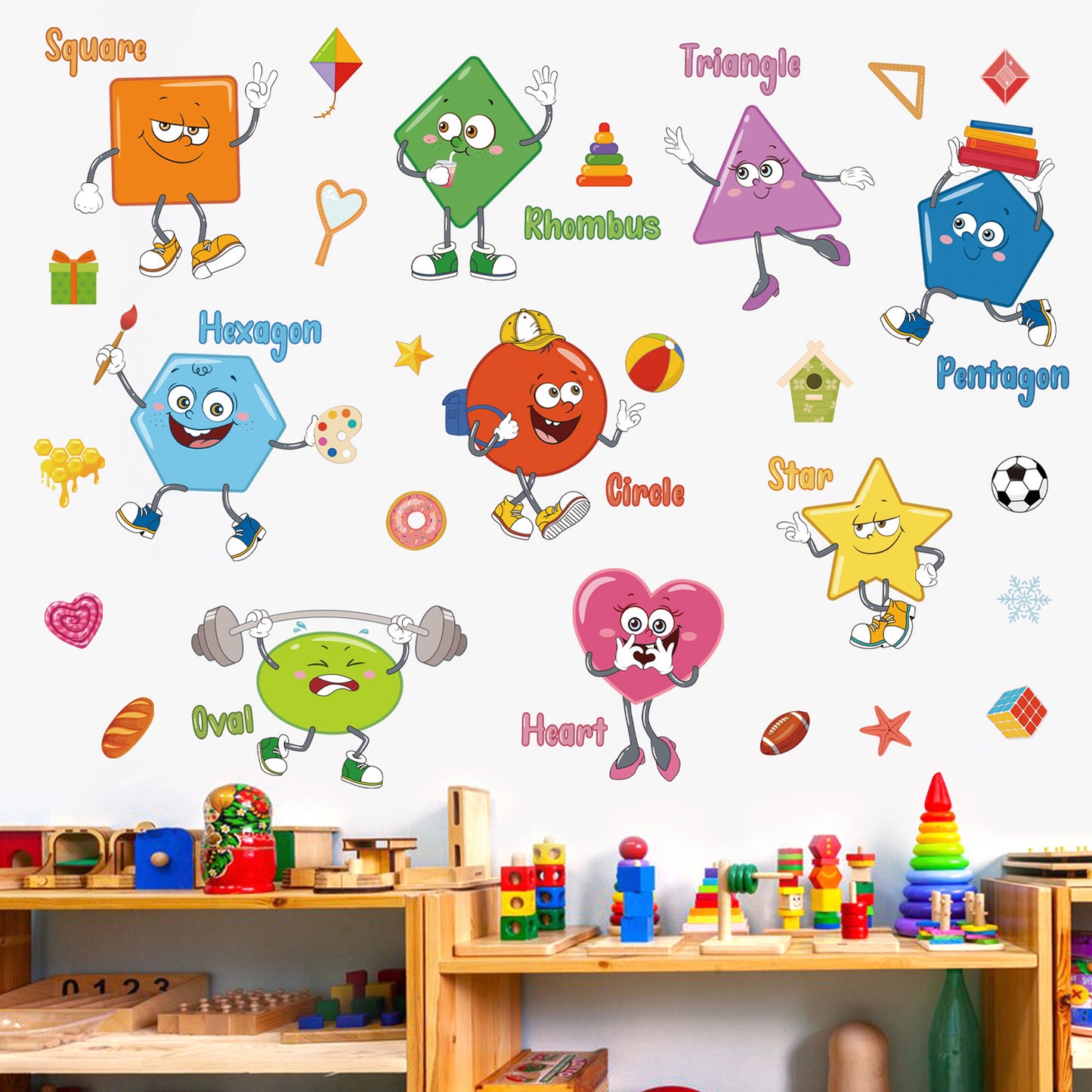 wondever Colorful Shapes Wall Stickers Educational Learning Geometry Peel and Stick Wall Art Decals