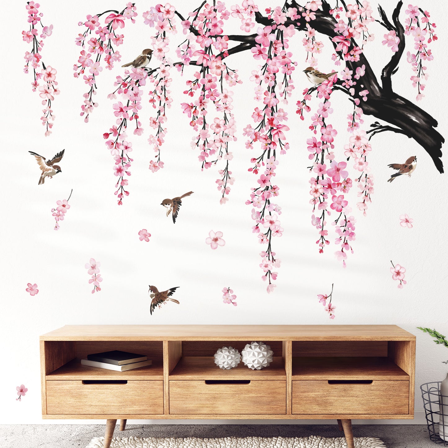 wondever Large Flower Tree Branch Wall Stickers Pink Cherry Blossom Floral Birds Wall Art Decals