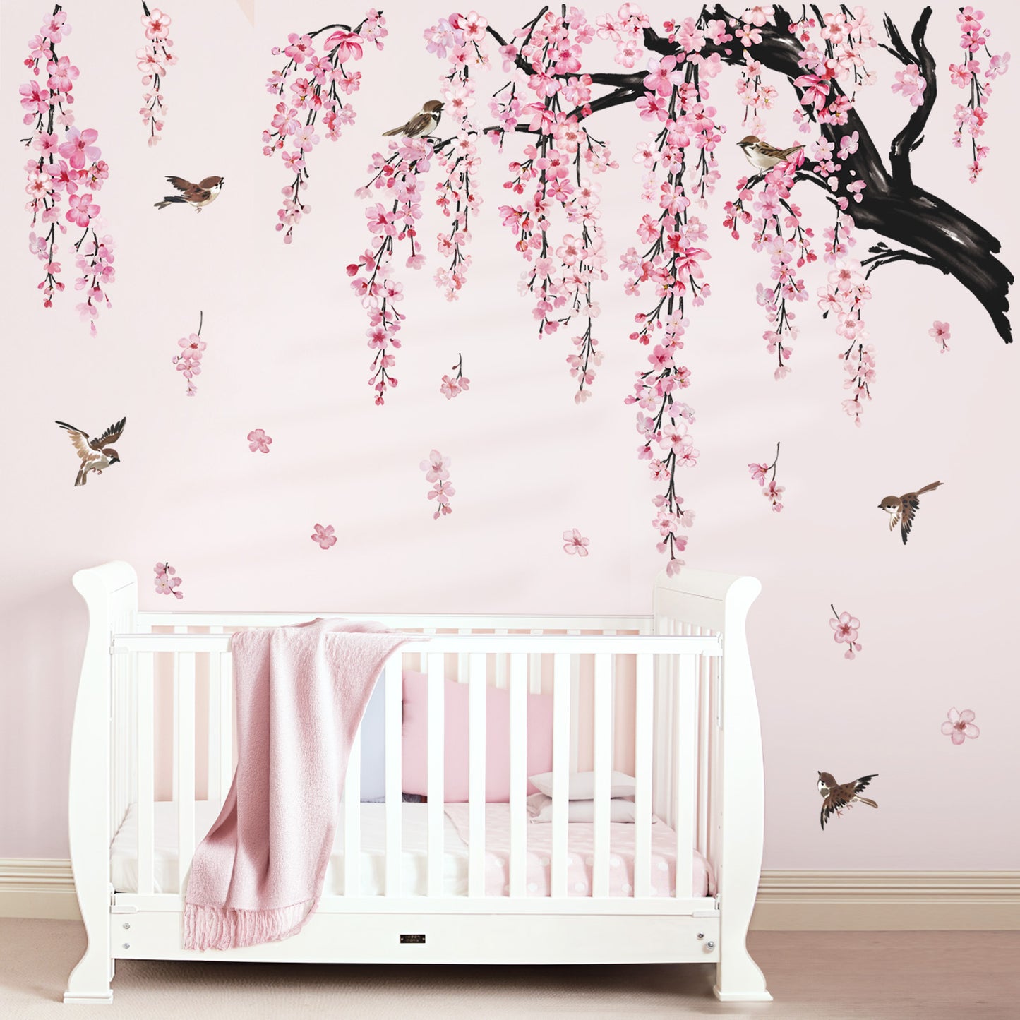 wondever Large Flower Tree Branch Wall Stickers Pink Cherry Blossom Floral Birds Wall Art Decals
