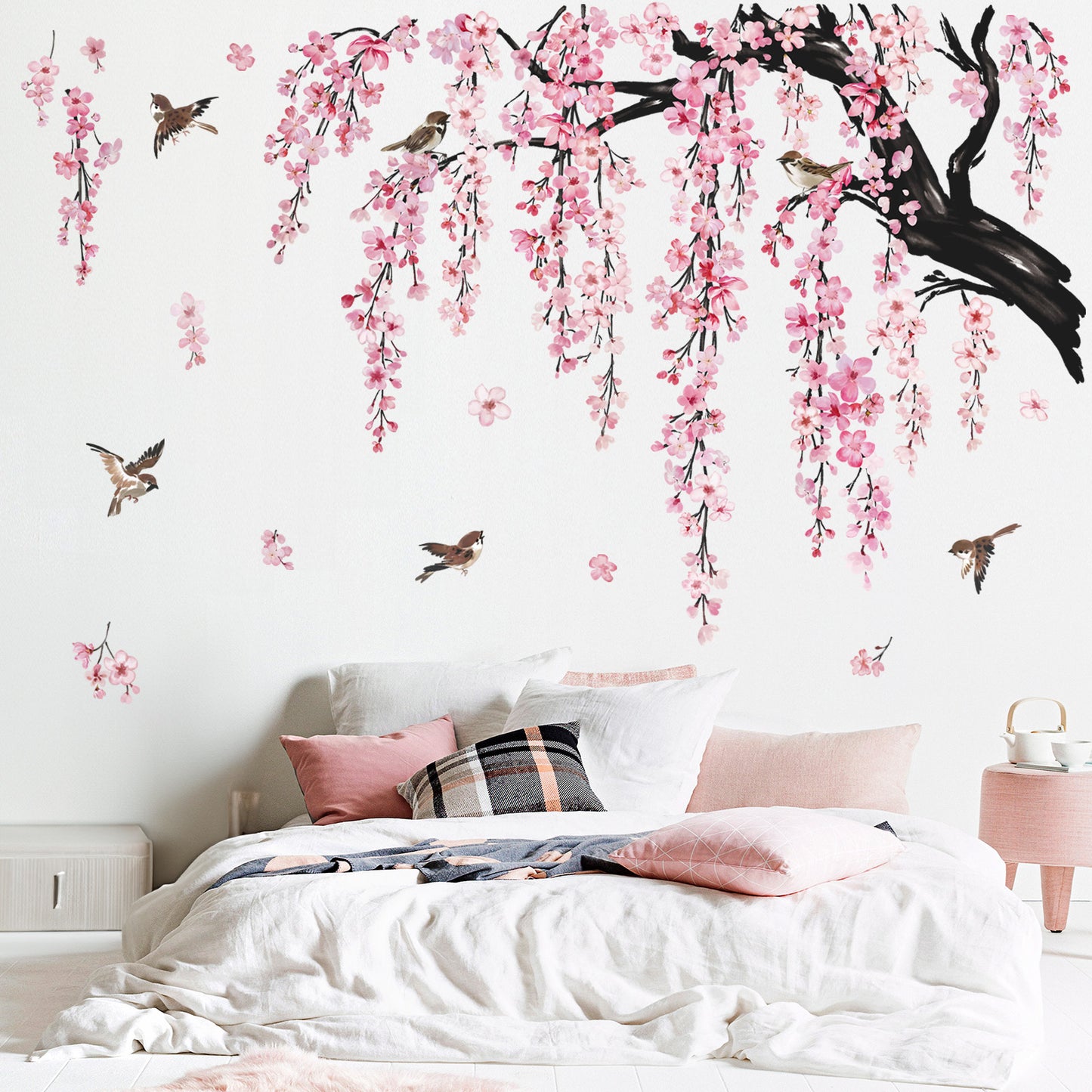 wondever Large Flower Tree Branch Wall Stickers Pink Cherry Blossom Floral Birds Wall Art Decals