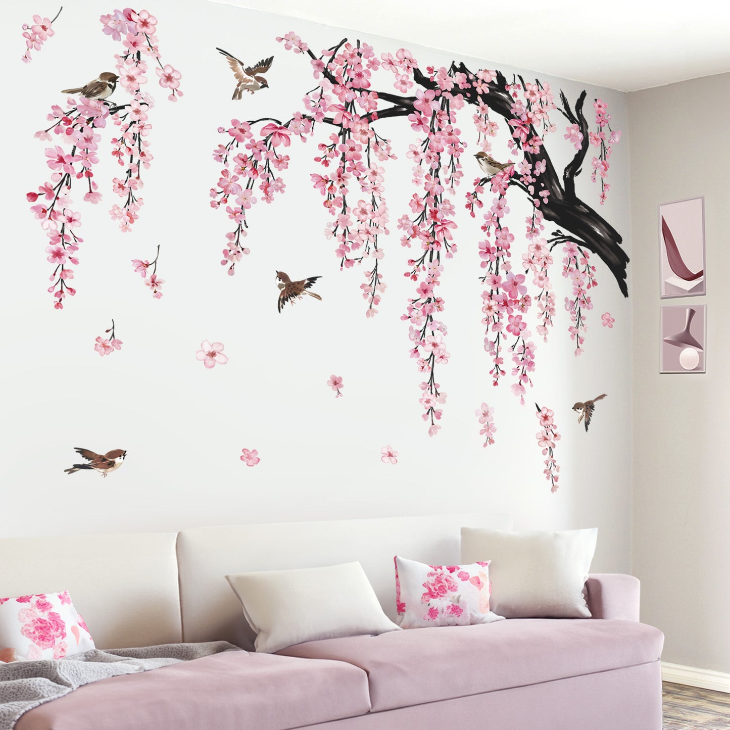 wondever Large Flower Tree Branch Wall Stickers Pink Cherry Blossom Floral Birds Wall Art Decals