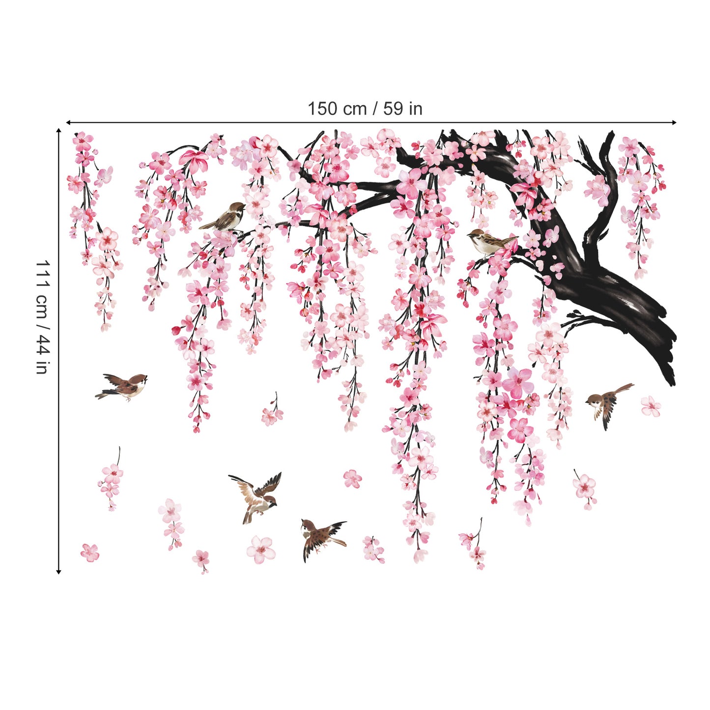 wondever Large Flower Tree Branch Wall Stickers Pink Cherry Blossom Floral Birds Wall Art Decals