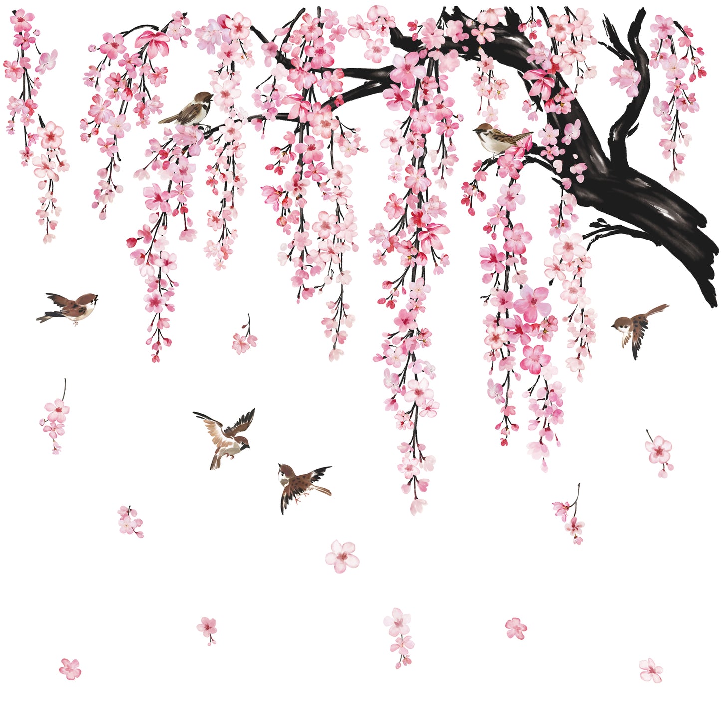 wondever Large Flower Tree Branch Wall Stickers Pink Cherry Blossom Floral Birds Wall Art Decals