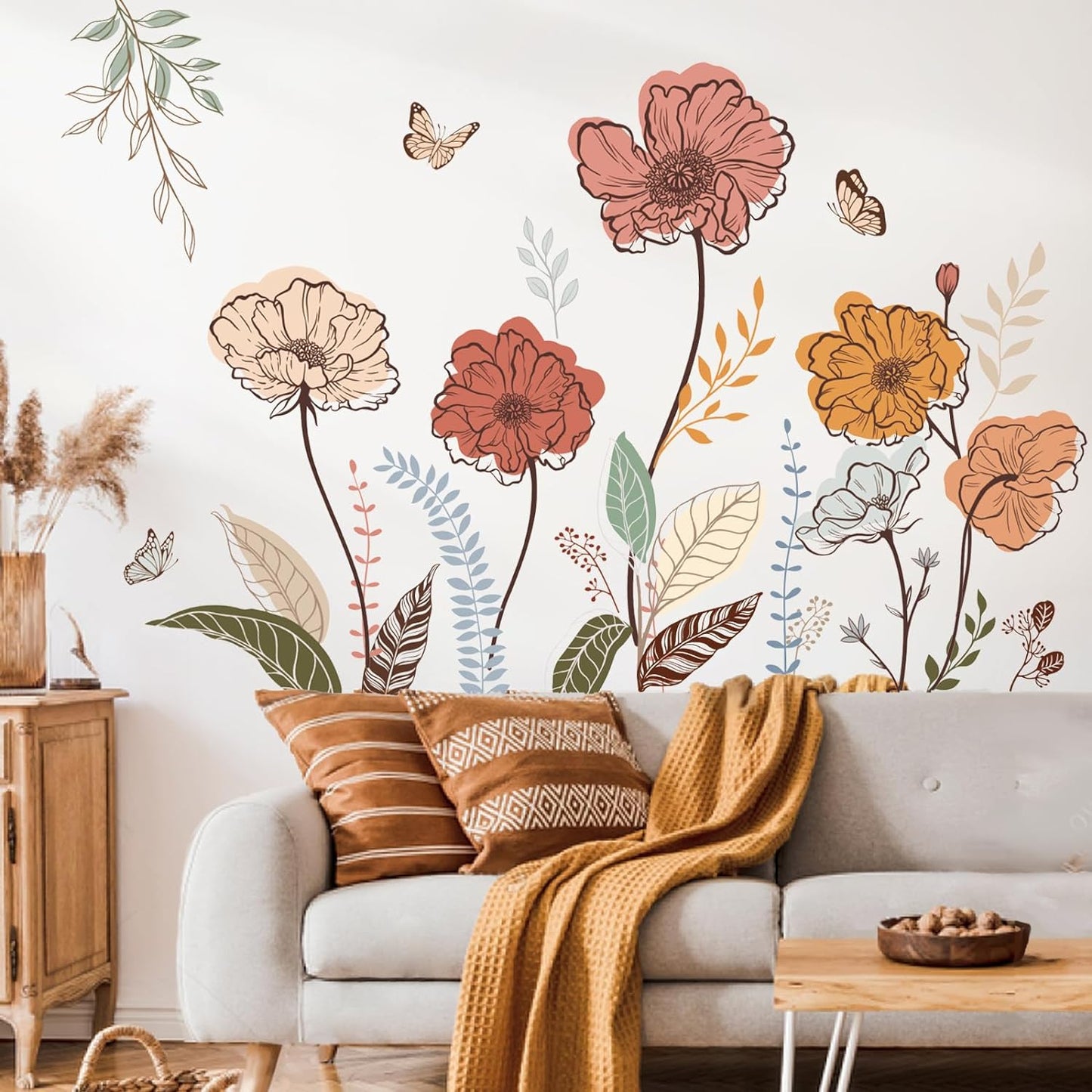 wondever Boho Flower Wall Stickers Wildflower Floral Grass Peel and Stick Wall Art Decals