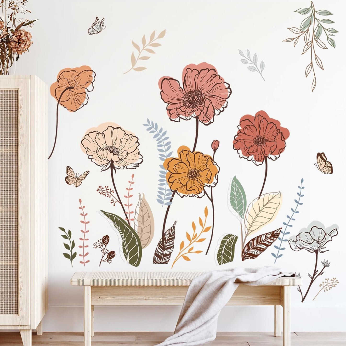 wondever Boho Flower Wall Stickers Wildflower Floral Grass Peel and Stick Wall Art Decals