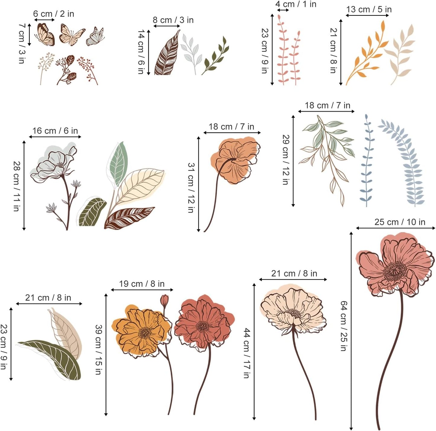 wondever Boho Flower Wall Stickers Wildflower Floral Grass Peel and Stick Wall Art Decals