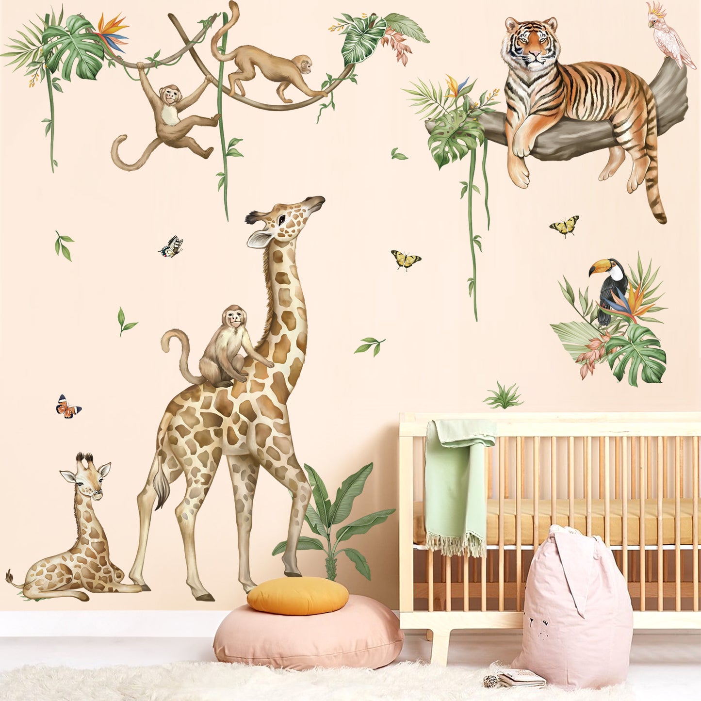 wondever Large Jungle Animal Wall Stickers Safari Giraffe Peel and Stick Wall Art Decals