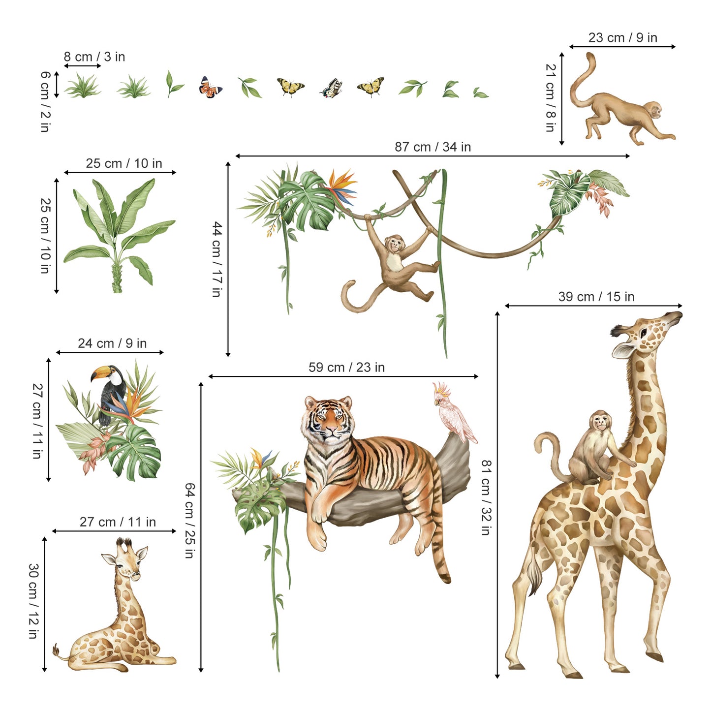 wondever Large Jungle Animal Wall Stickers Safari Giraffe Peel and Stick Wall Art Decals