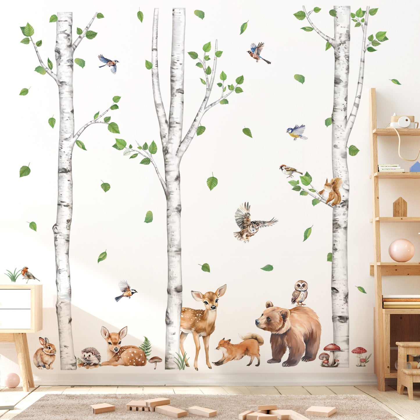 wondever Large Birch Tree Animals Wall Stickers Forest Owl Fox Bear Deer Peel and Stick Wall Art Decals