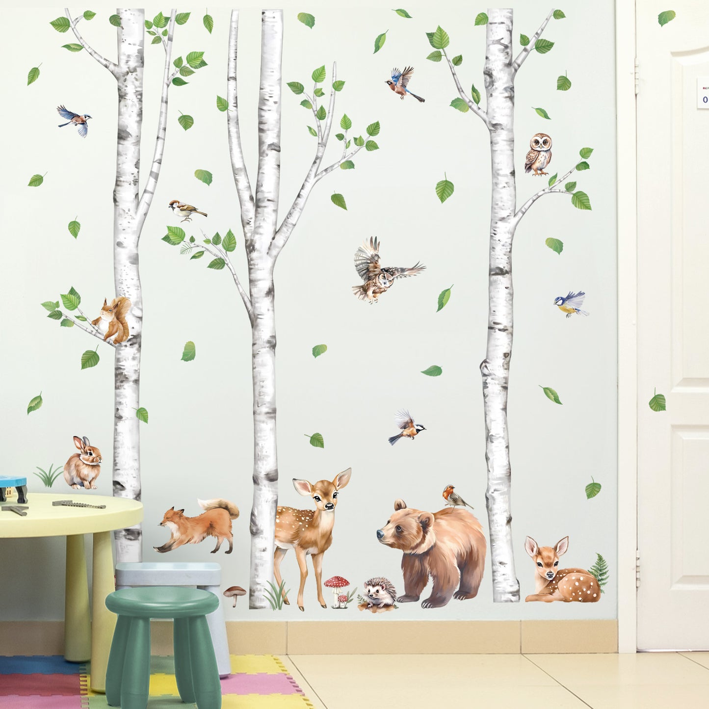 wondever Large Birch Tree Animals Wall Stickers Forest Owl Fox Bear Deer Peel and Stick Wall Art Decals