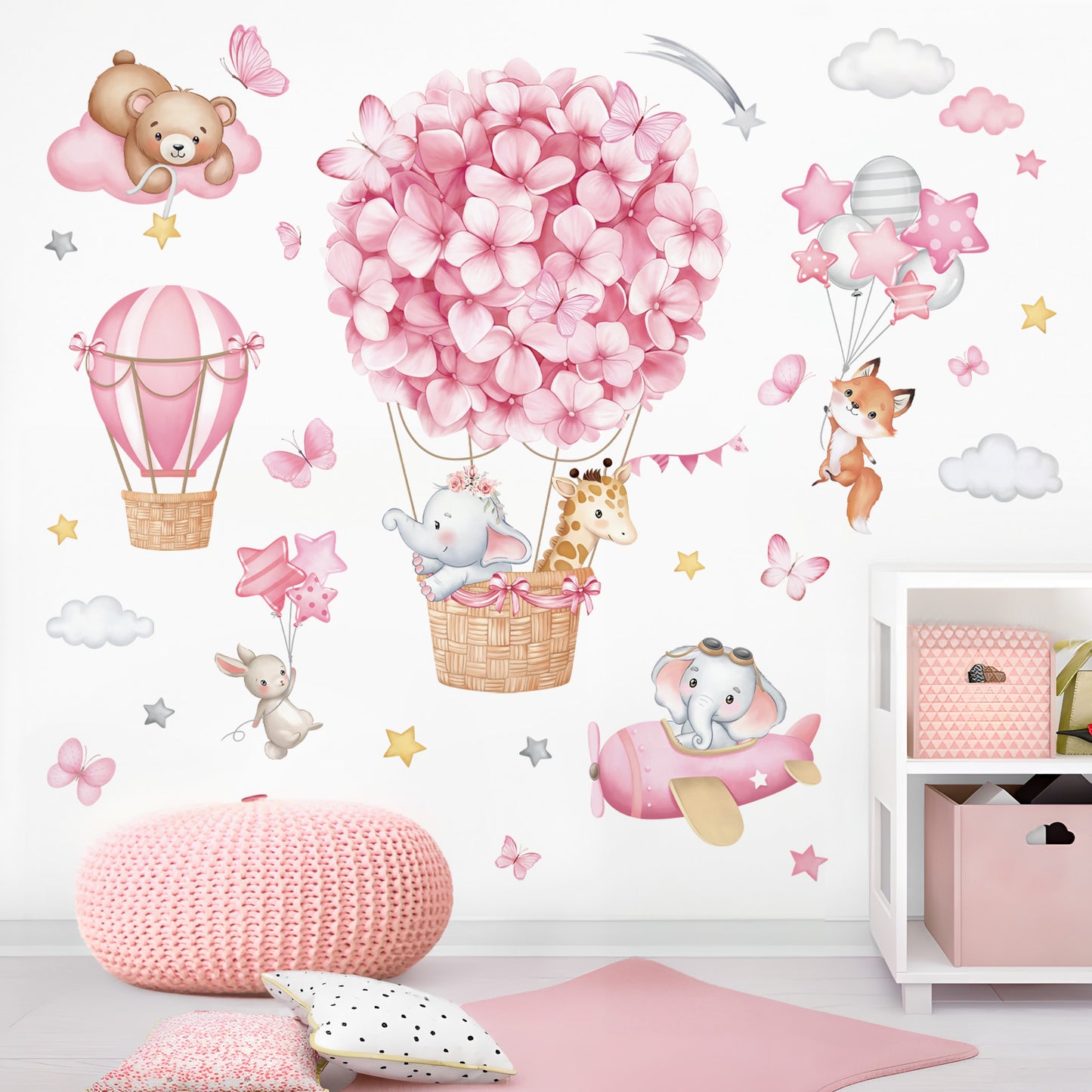 wondever Animals Hot Air Balloon Wall Stickers Flowers Elephant Giraffe Bear Airplane Wall Art Decals