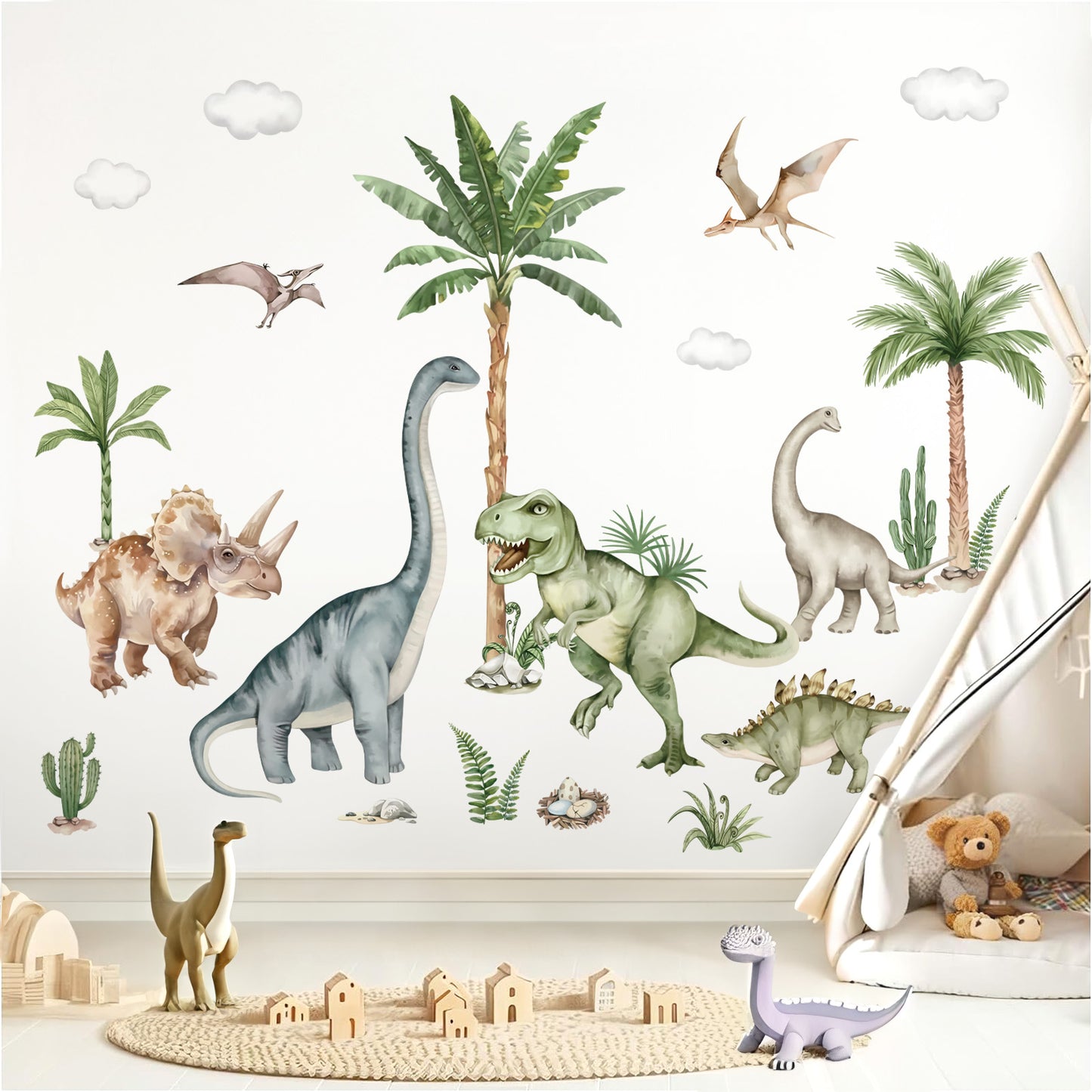 wondever Large Dinosaur Wall Stickers Tropical Animal Dino Palm Tree Plants Wall Art Decals