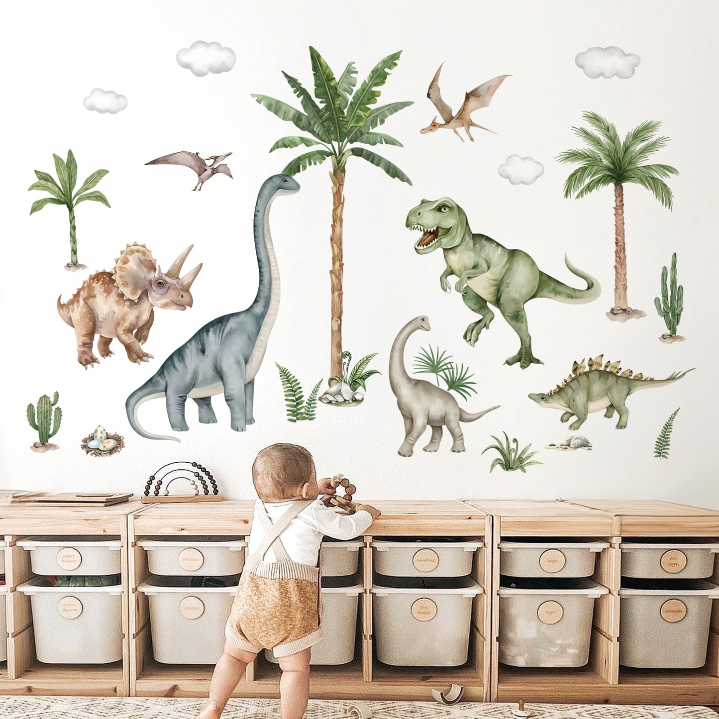 wondever Large Dinosaur Wall Stickers Tropical Animal Dino Palm Tree Plants Wall Art Decals