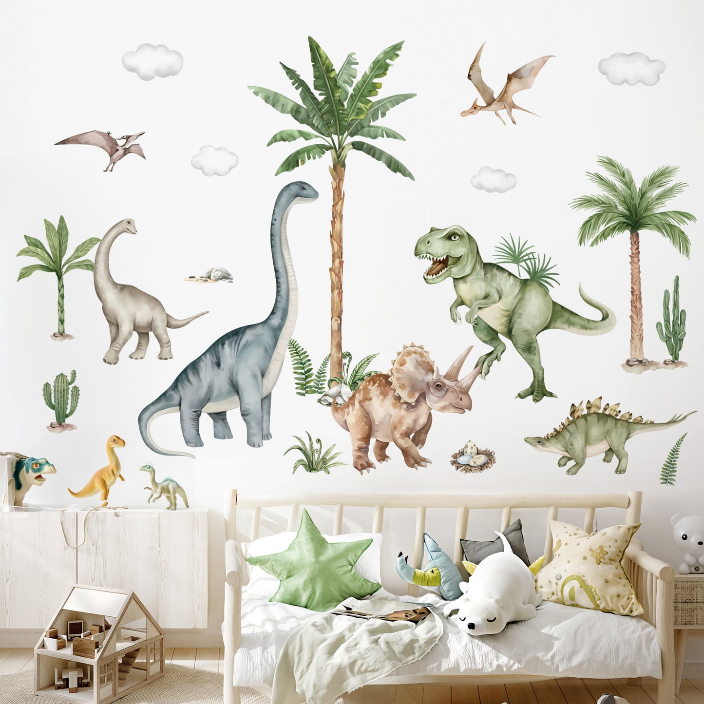 wondever Large Dinosaur Wall Stickers Tropical Animal Dino Palm Tree Plants Wall Art Decals