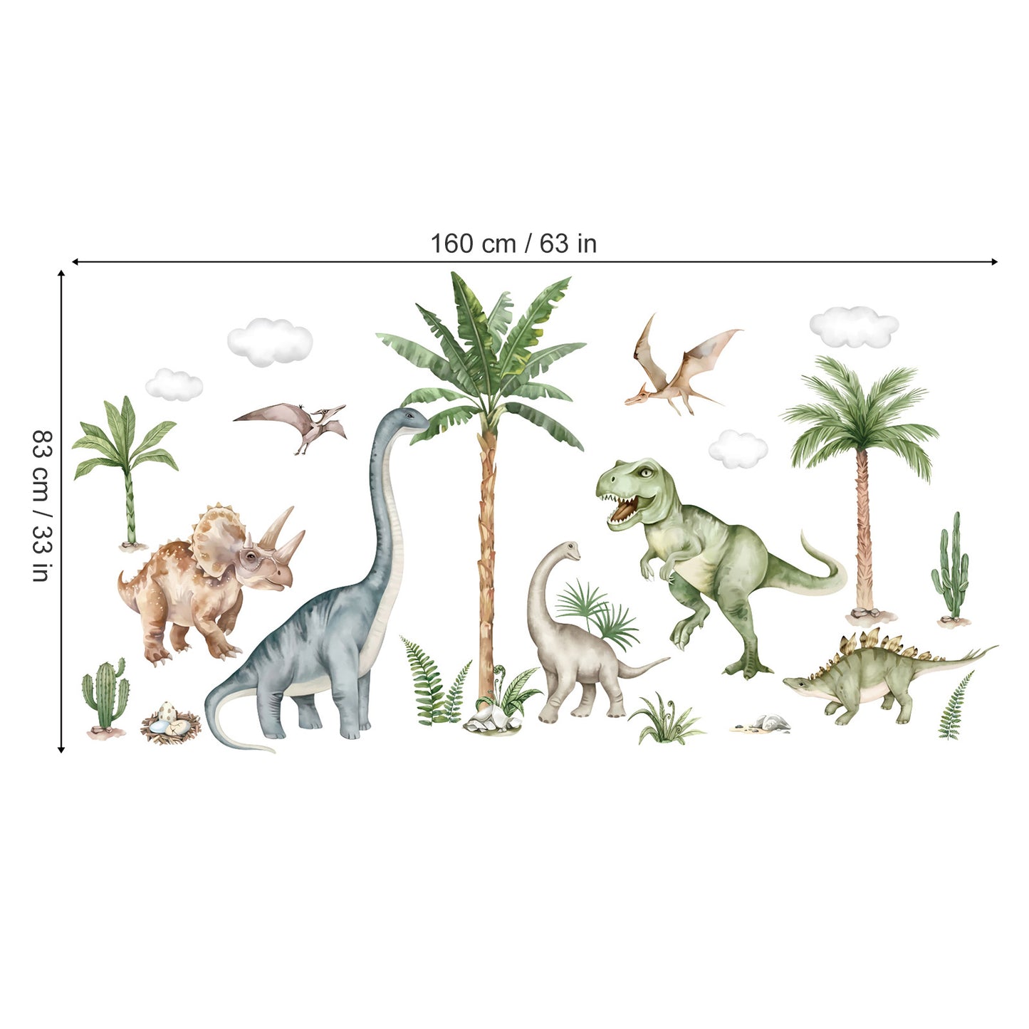 wondever Large Dinosaur Wall Stickers Tropical Animal Dino Palm Tree Plants Wall Art Decals