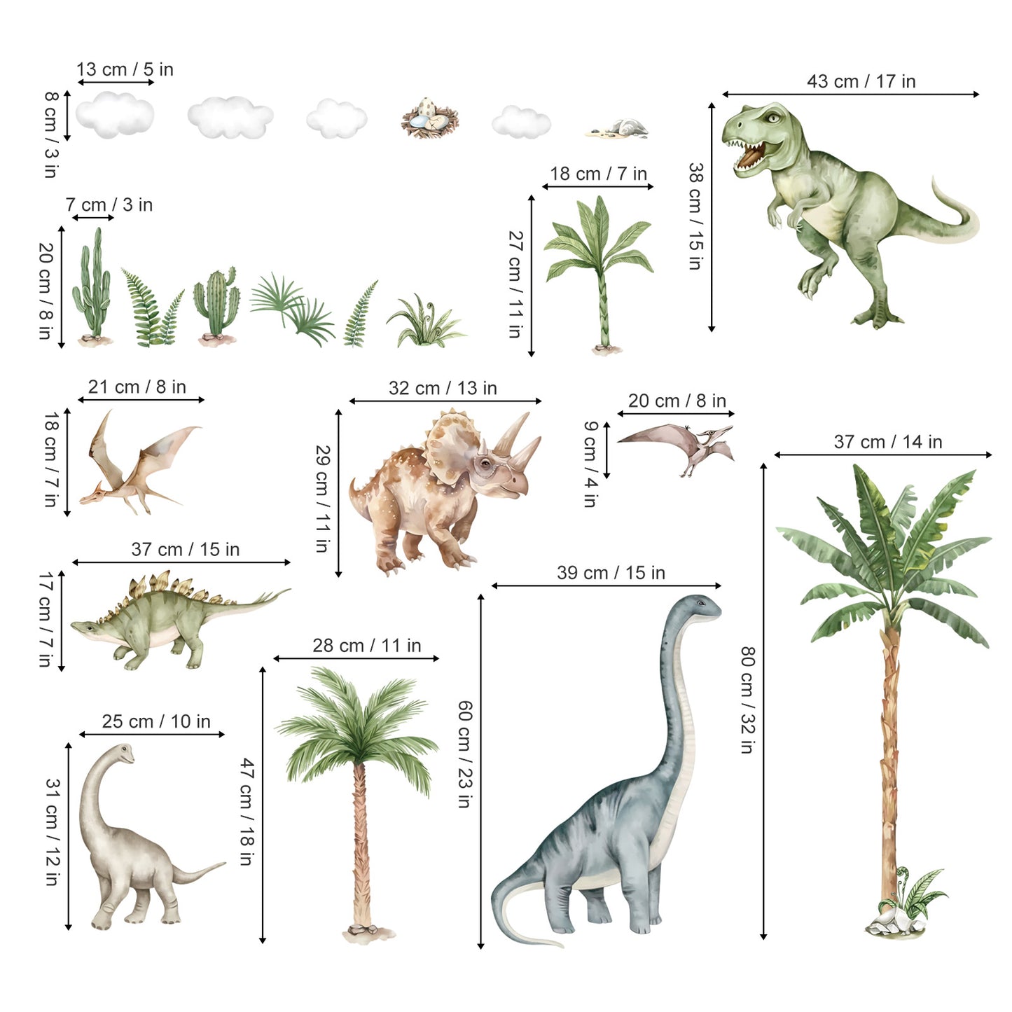 wondever Large Dinosaur Wall Stickers Tropical Animal Dino Palm Tree Plants Wall Art Decals