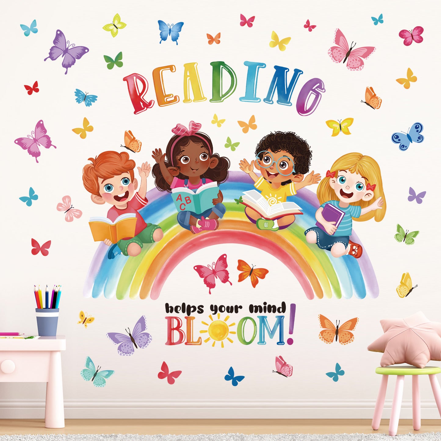 wondever Reading Corner Rainbow Wall Decals Butterflies Kids Inspirational Quotes Reading Helps Your Mind Bloom Peel and Stick Wall Art Stickers