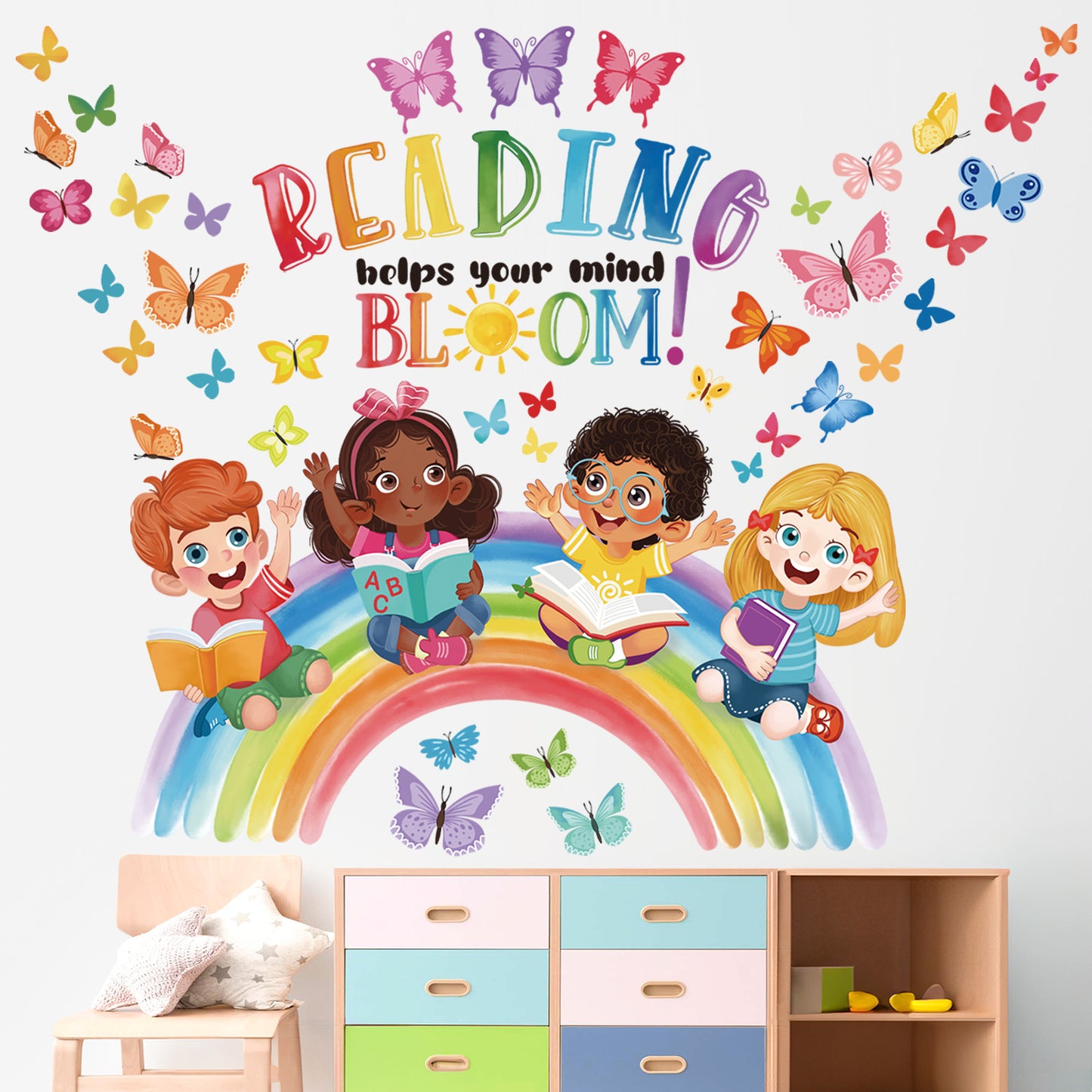 wondever Reading Corner Rainbow Wall Decals Butterflies Kids Inspirational Quotes Reading Helps Your Mind Bloom Peel and Stick Wall Art Stickers