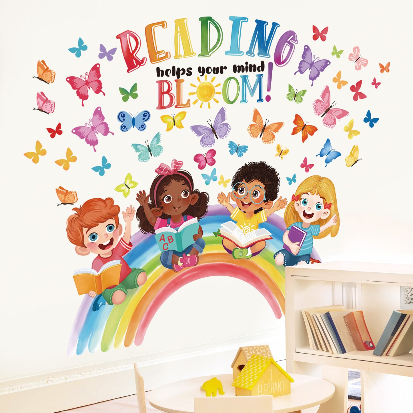 wondever Reading Corner Rainbow Wall Decals Butterflies Kids Inspirational Quotes Reading Helps Your Mind Bloom Peel and Stick Wall Art Stickers
