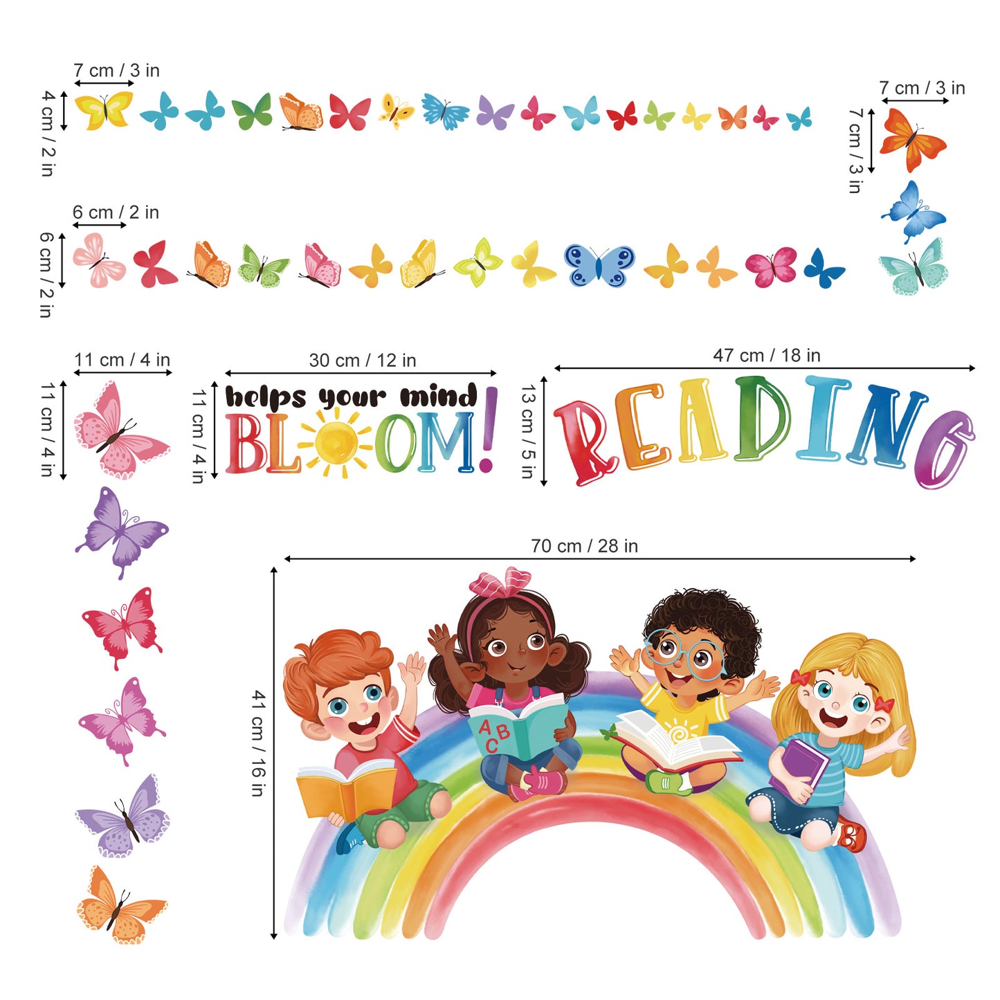 wondever Reading Corner Rainbow Wall Decals Butterflies Kids Inspirational Quotes Reading Helps Your Mind Bloom Peel and Stick Wall Art Stickers