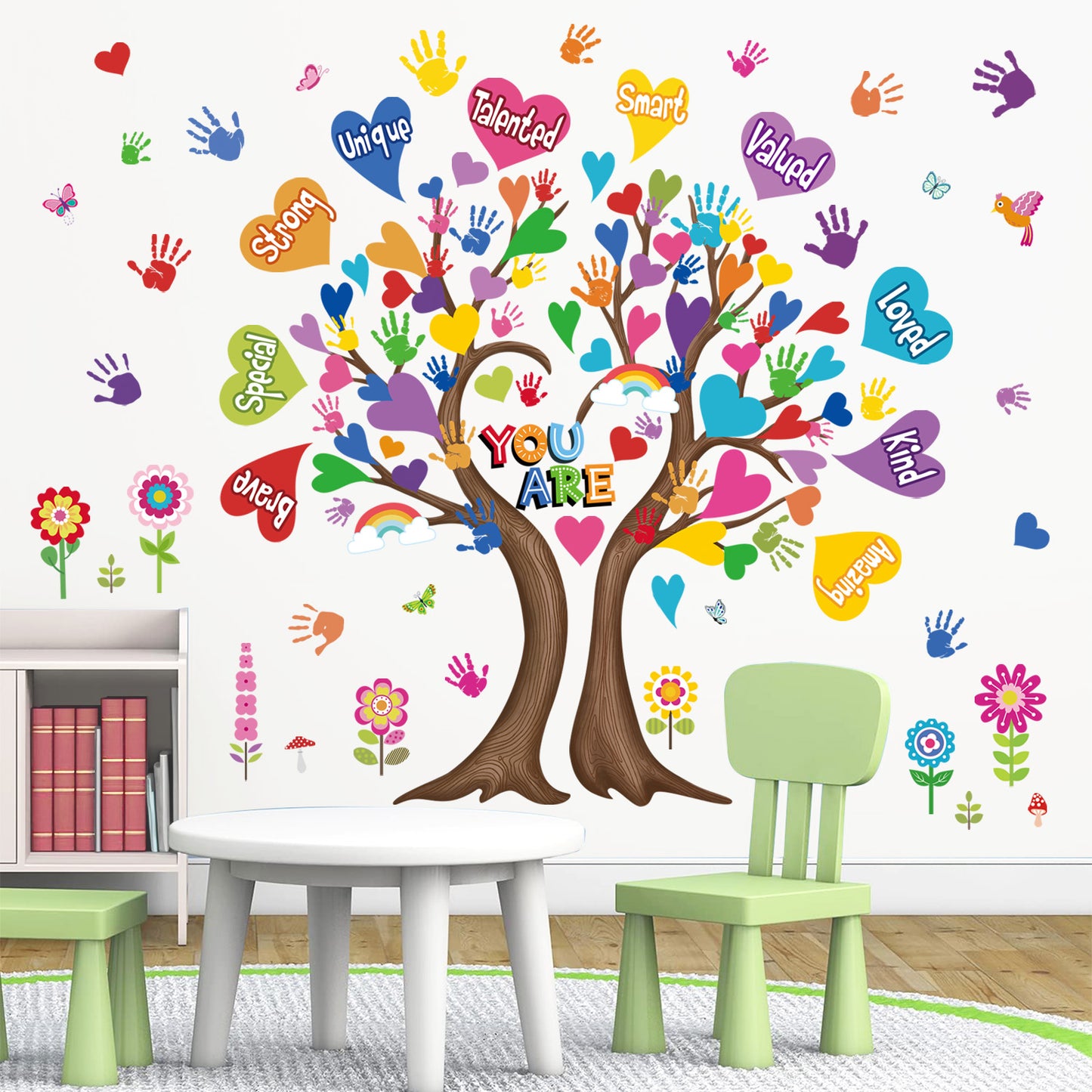 wondever Large Hearts Tree Handprint Wall Stickers Classroom Tree Inspirational Quotes You are Strong Peel and Stick Wall Art Decals for Kids Room Elementary School Teacher Classroom