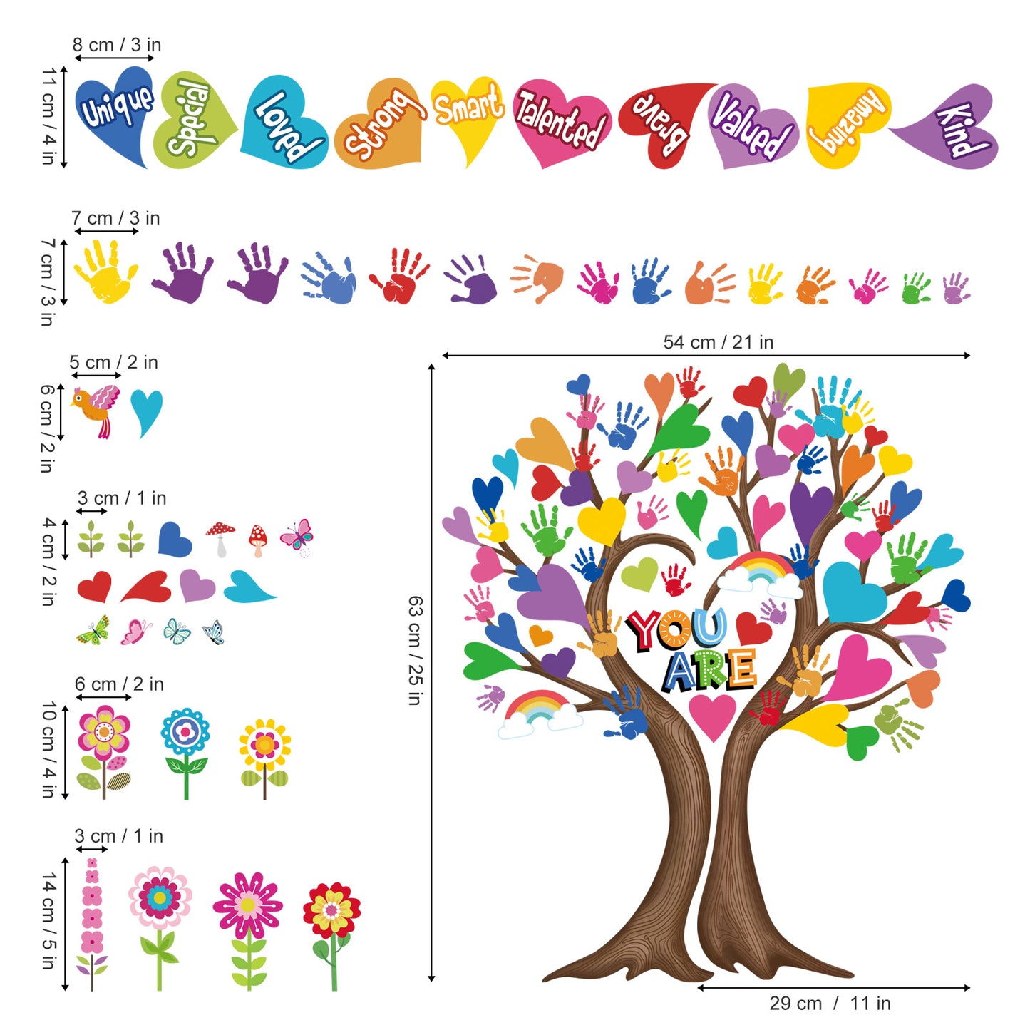 wondever Large Hearts Tree Handprint Wall Stickers Classroom Tree Inspirational Quotes You are Strong Peel and Stick Wall Art Decals for Kids Room Elementary School Teacher Classroom