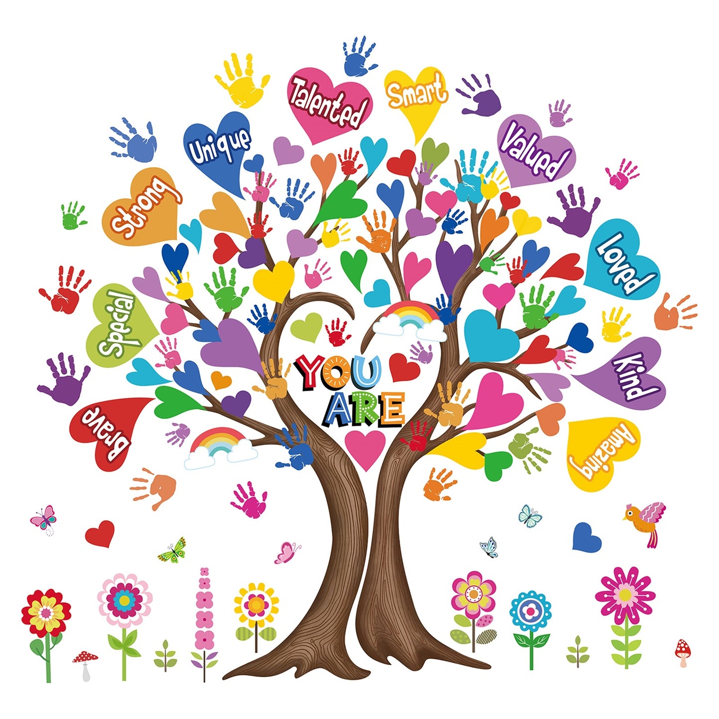 wondever Large Hearts Tree Handprint Wall Stickers Classroom Tree Inspirational Quotes You are Strong Peel and Stick Wall Art Decals for Kids Room Elementary School Teacher Classroom