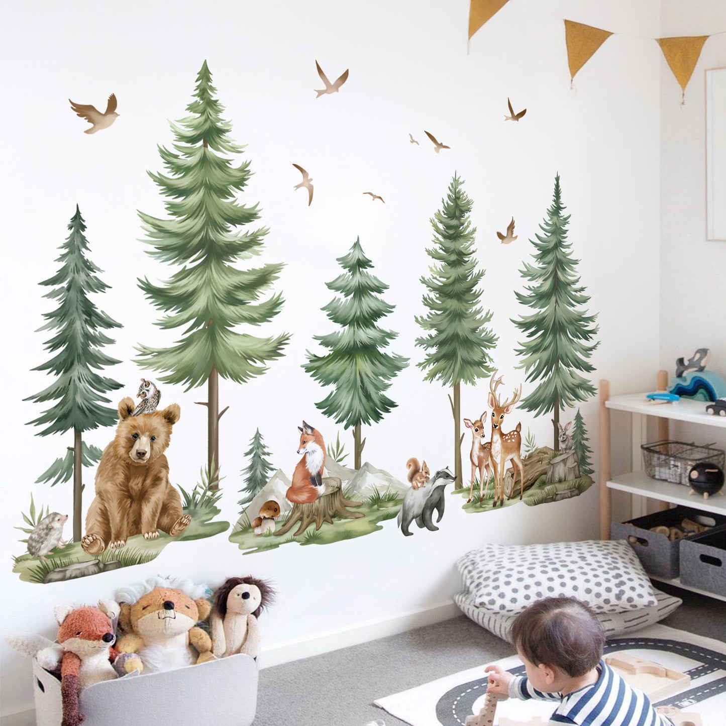 wondever Mountain Tree Wall Stickers Large Pine Tree Forest Animals Bear Deer Peel and Stick Wall Art Decals