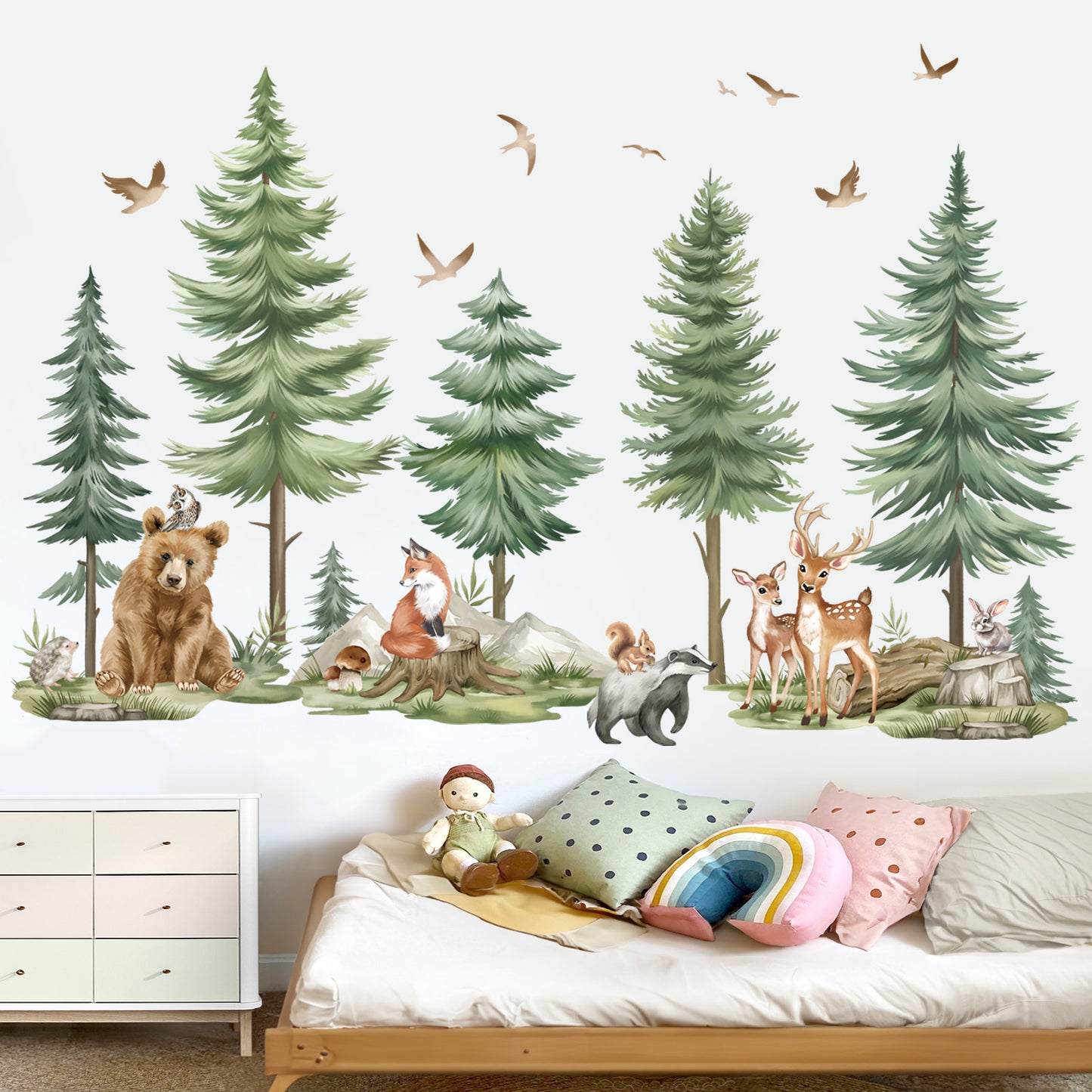 wondever Mountain Tree Wall Stickers Large Pine Tree Forest Animals Bear Deer Peel and Stick Wall Art Decals