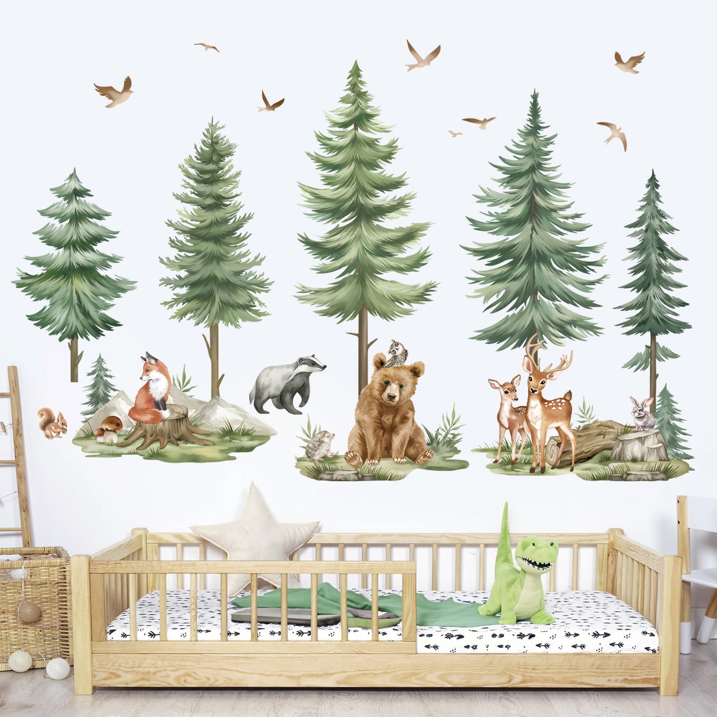 wondever Mountain Tree Wall Stickers Large Pine Tree Forest Animals Bear Deer Peel and Stick Wall Art Decals