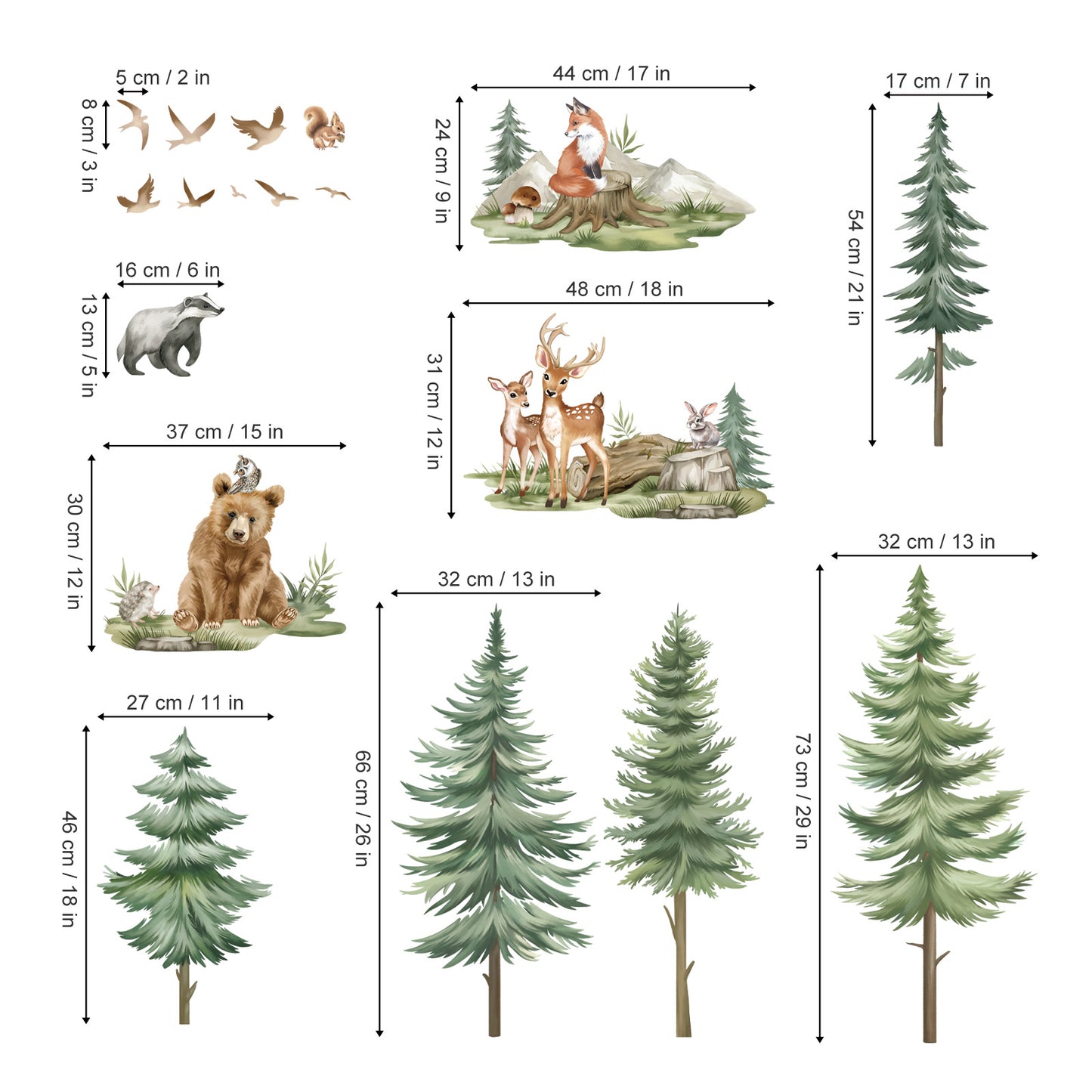 wondever Mountain Tree Wall Stickers Large Pine Tree Forest Animals Bear Deer Peel and Stick Wall Art Decals