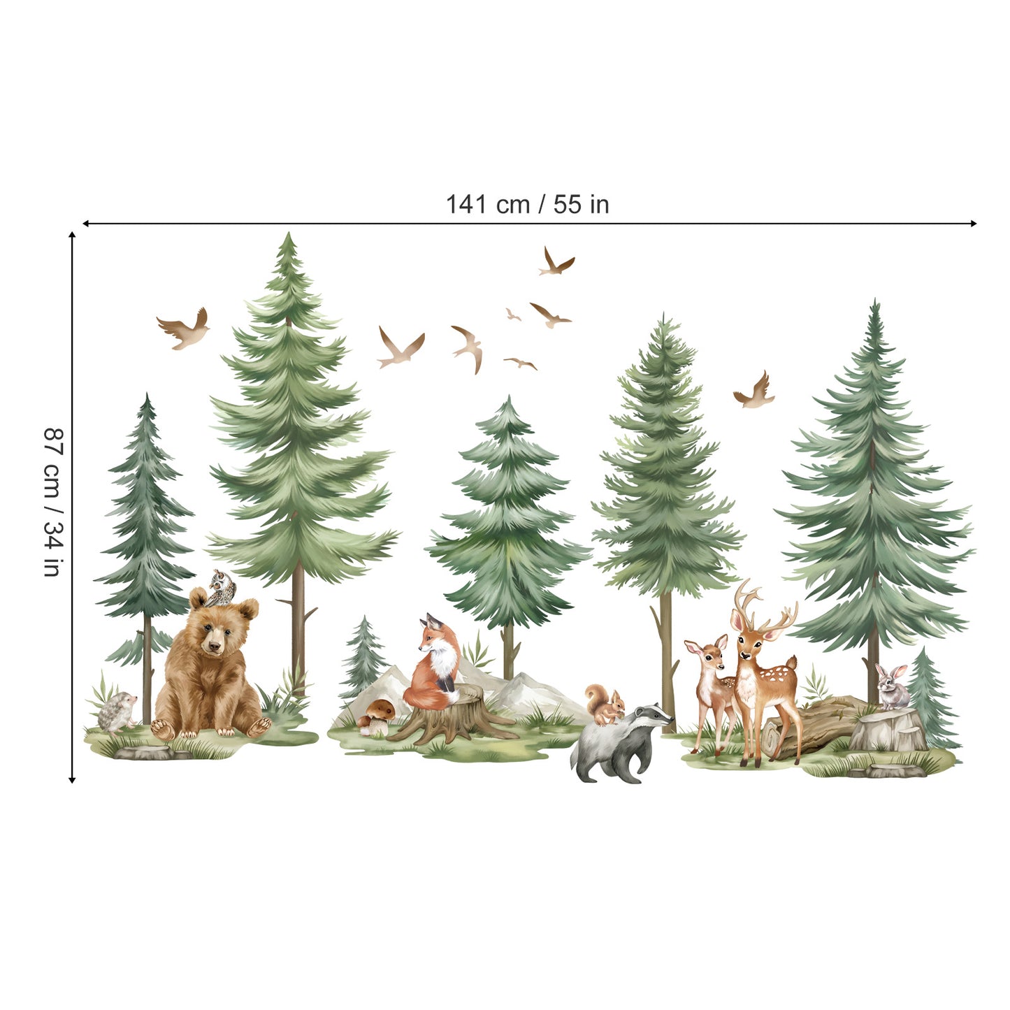 wondever Mountain Tree Wall Stickers Large Pine Tree Forest Animals Bear Deer Peel and Stick Wall Art Decals