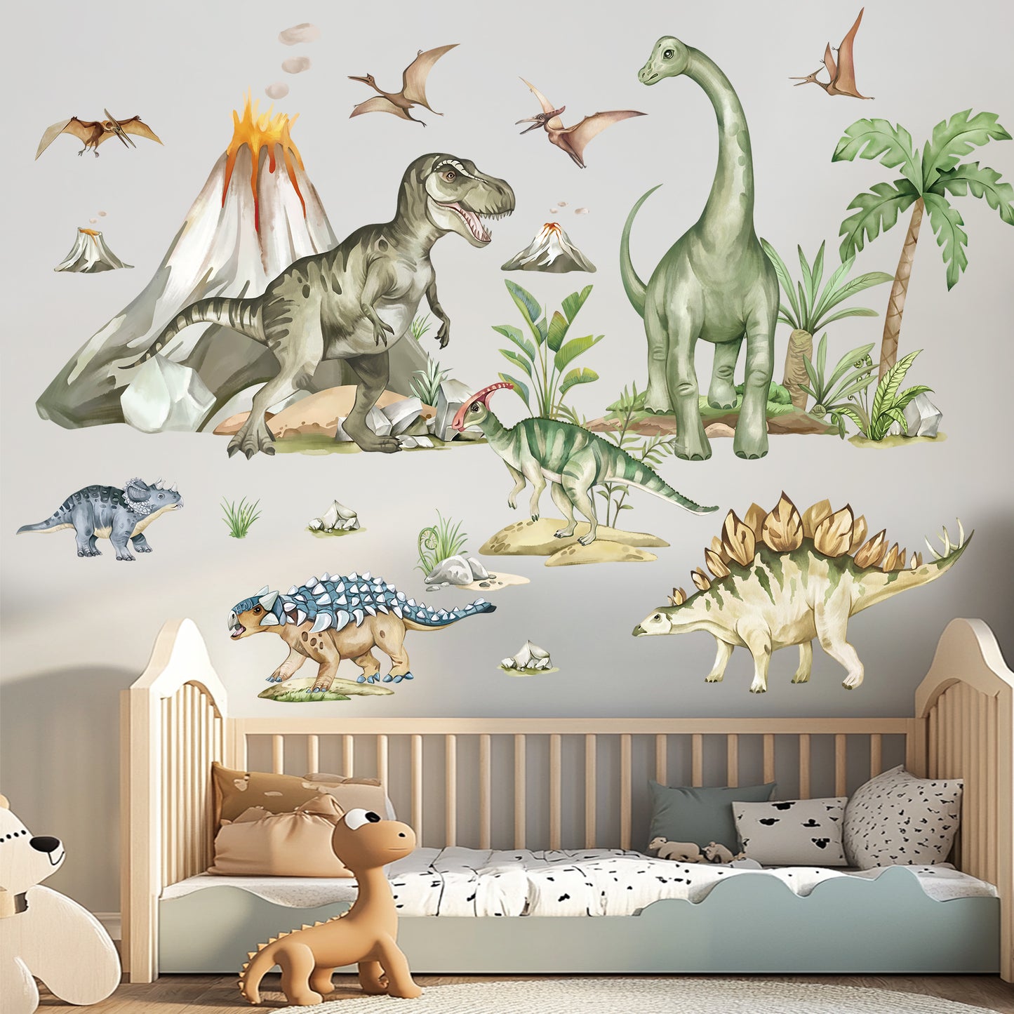 wondever Large Dinosaur Wall Stickers Tropical Animal Dino Volcano Plants Wall Art Decals