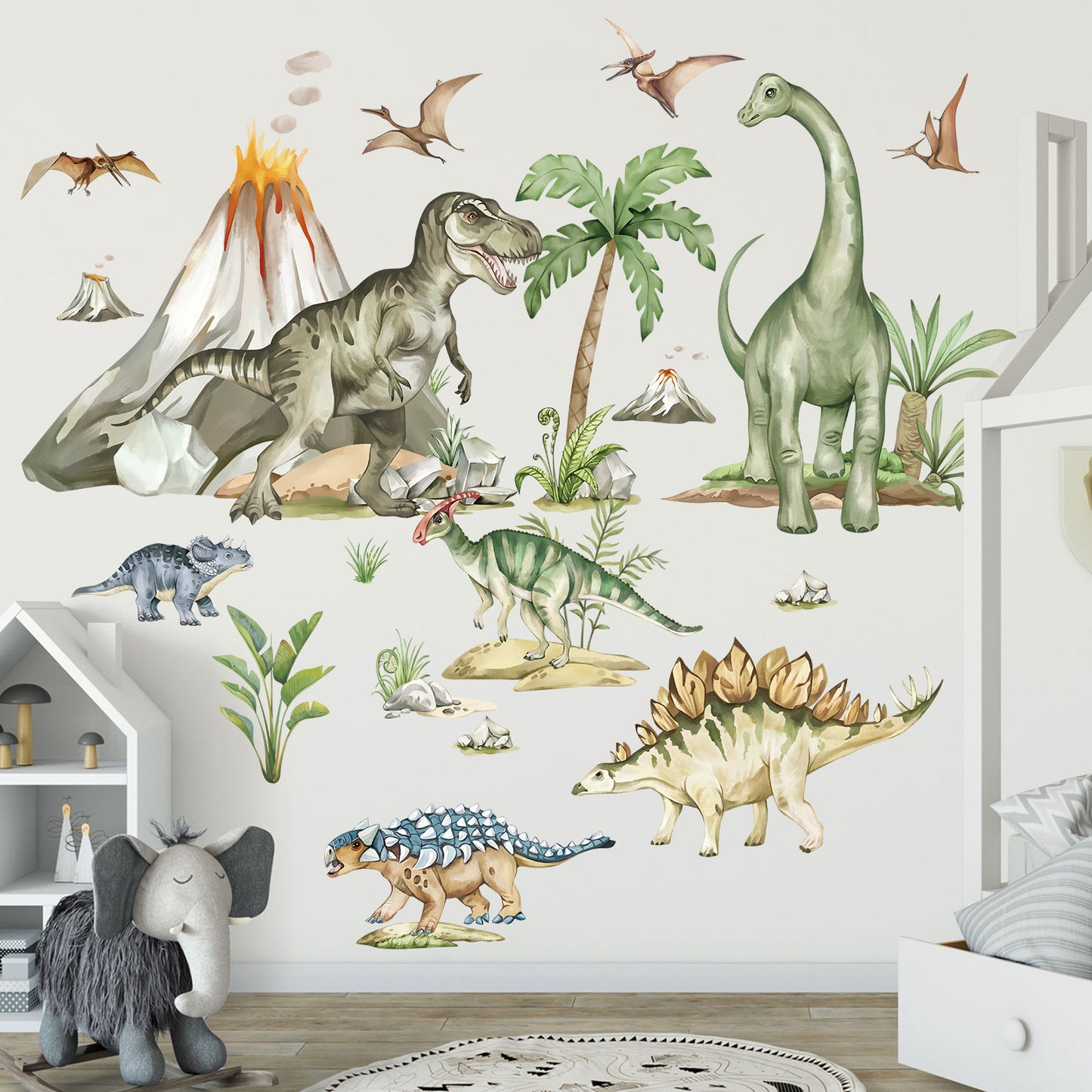 wondever Large Dinosaur Wall Stickers Tropical Animal Dino Volcano Plants Wall Art Decals