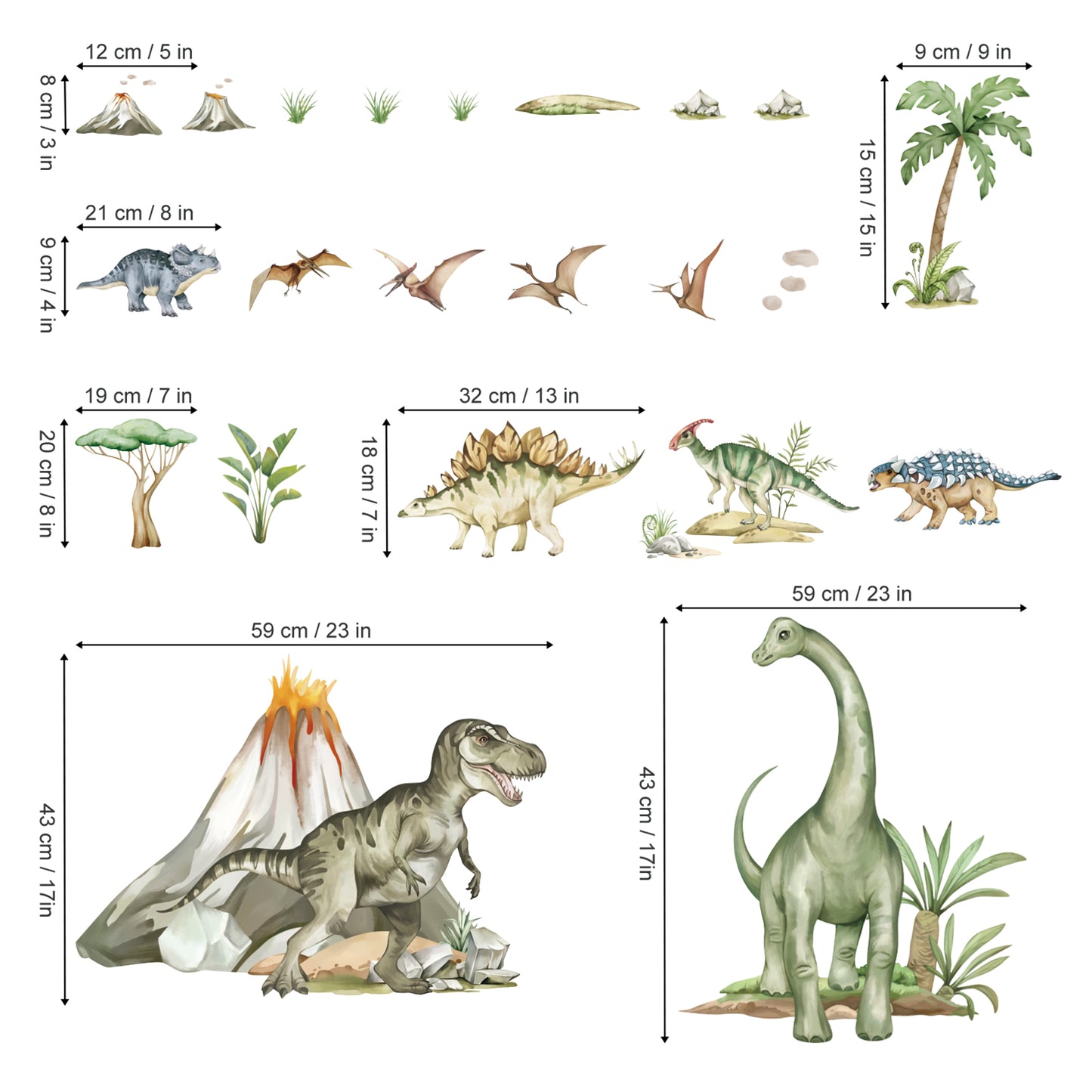 wondever Large Dinosaur Wall Stickers Tropical Animal Dino Volcano Plants Wall Art Decals