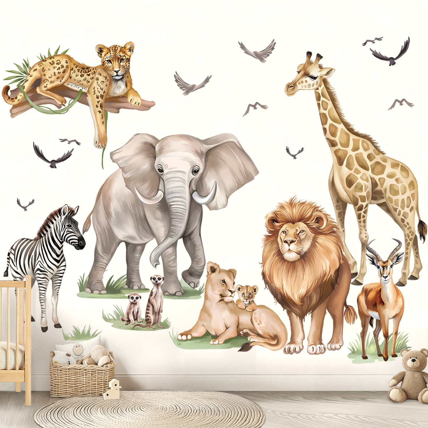 wondever Large Safari Animals Wall Stickers Jungle Lion Leopard Giraffe Peel and Stick Wall Art Decals