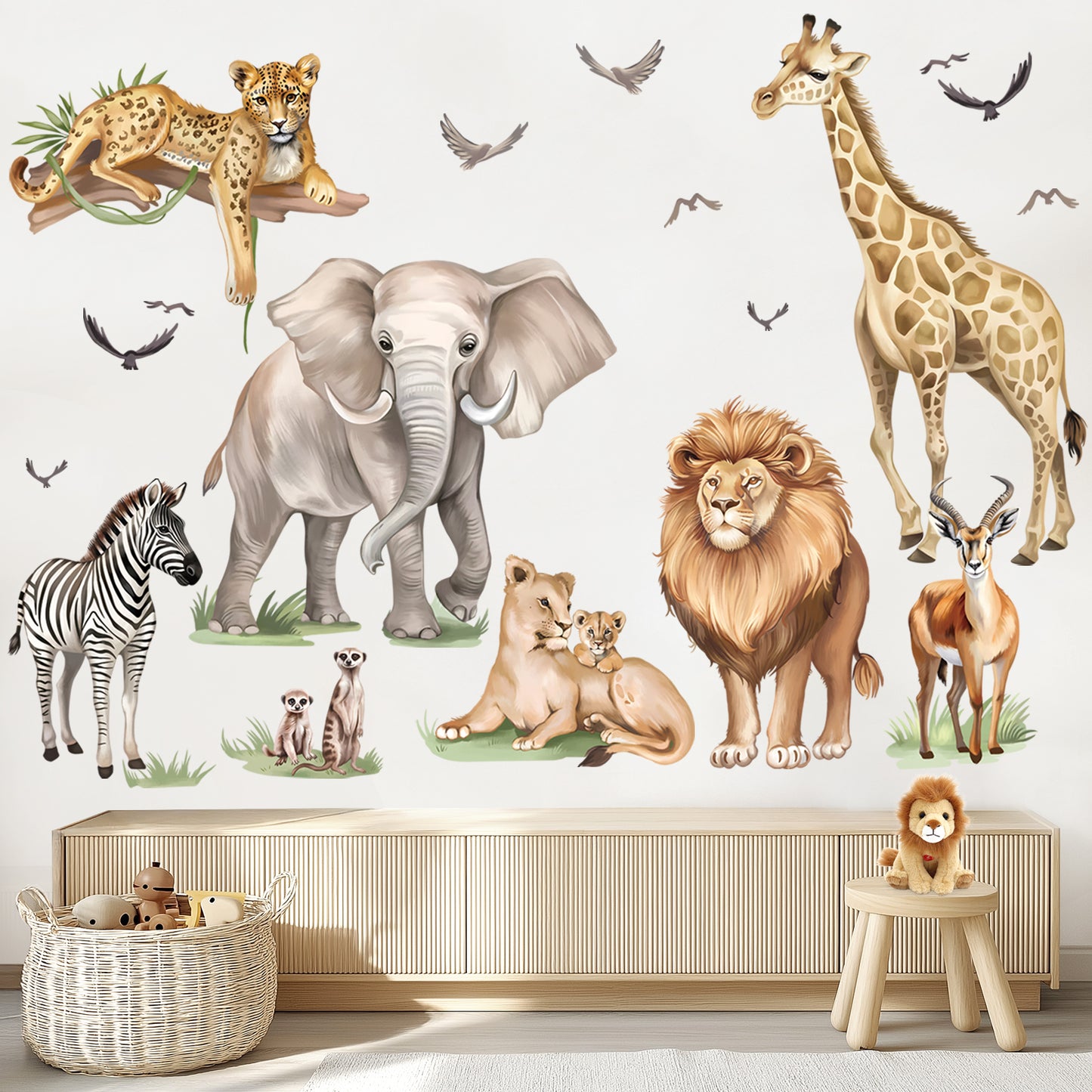 wondever Large Safari Animals Wall Stickers Jungle Lion Leopard Giraffe Peel and Stick Wall Art Decals
