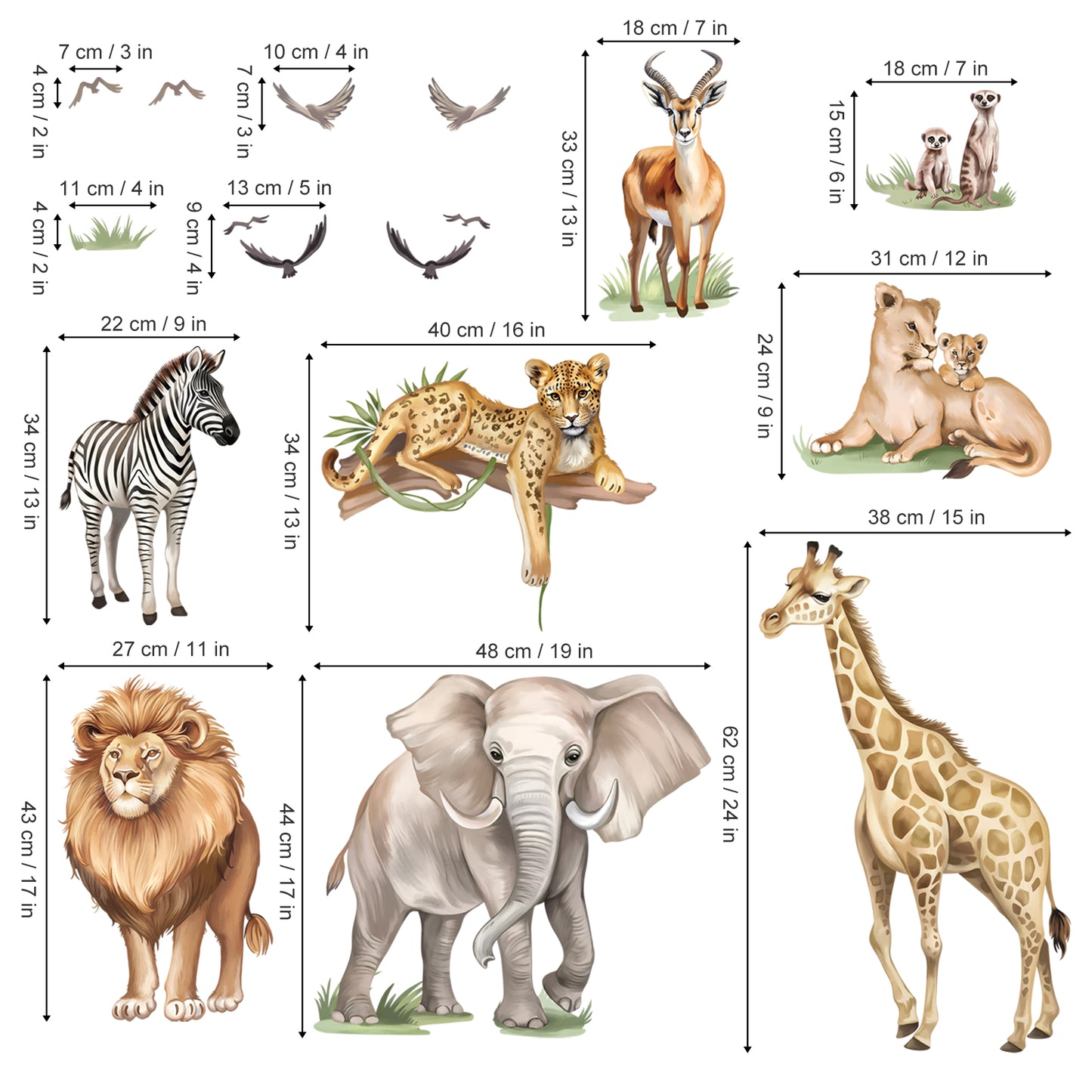 wondever Large Safari Animals Wall Stickers Jungle Lion Leopard Giraffe Peel and Stick Wall Art Decals