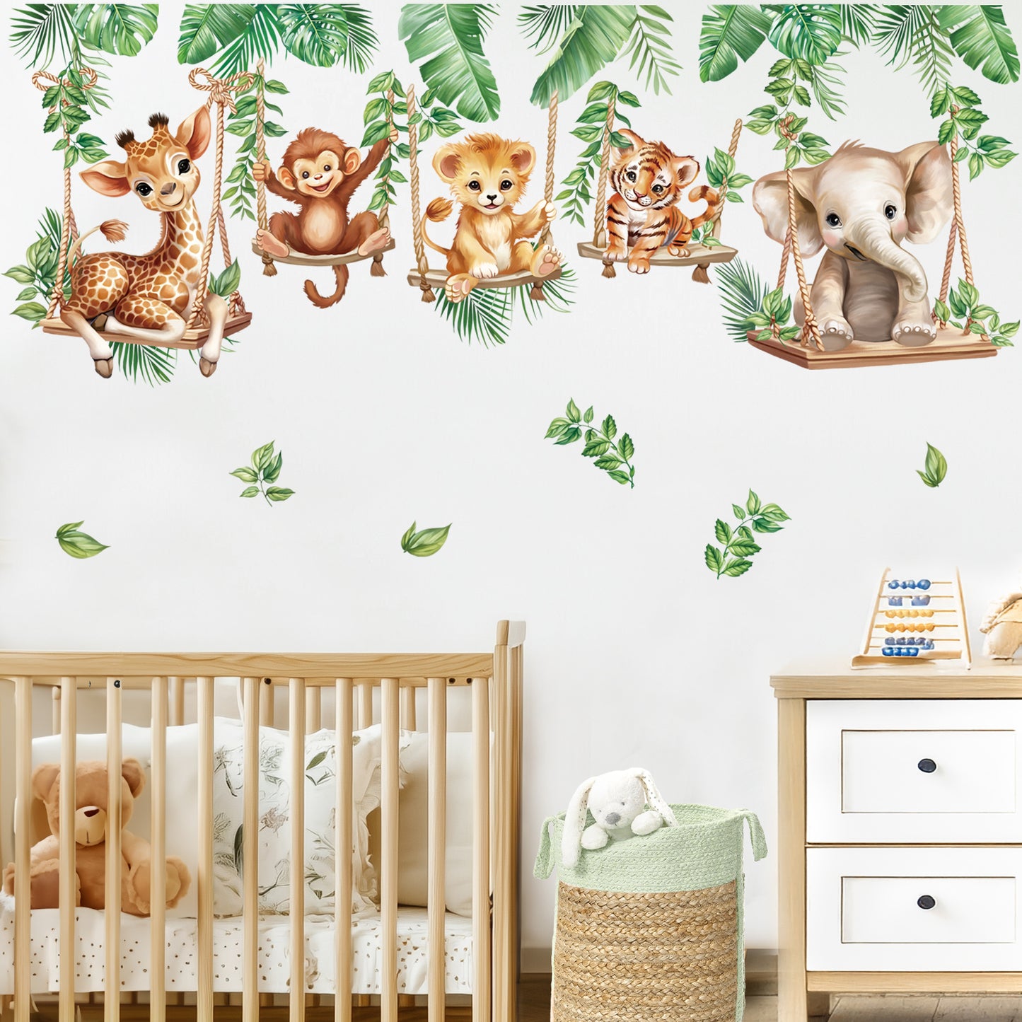 wondever Jungle Animal on Swings Wall Stickers Baby Lion Elephant Giraffe Tropical Leaves Peel and Stick Wall Art Decals