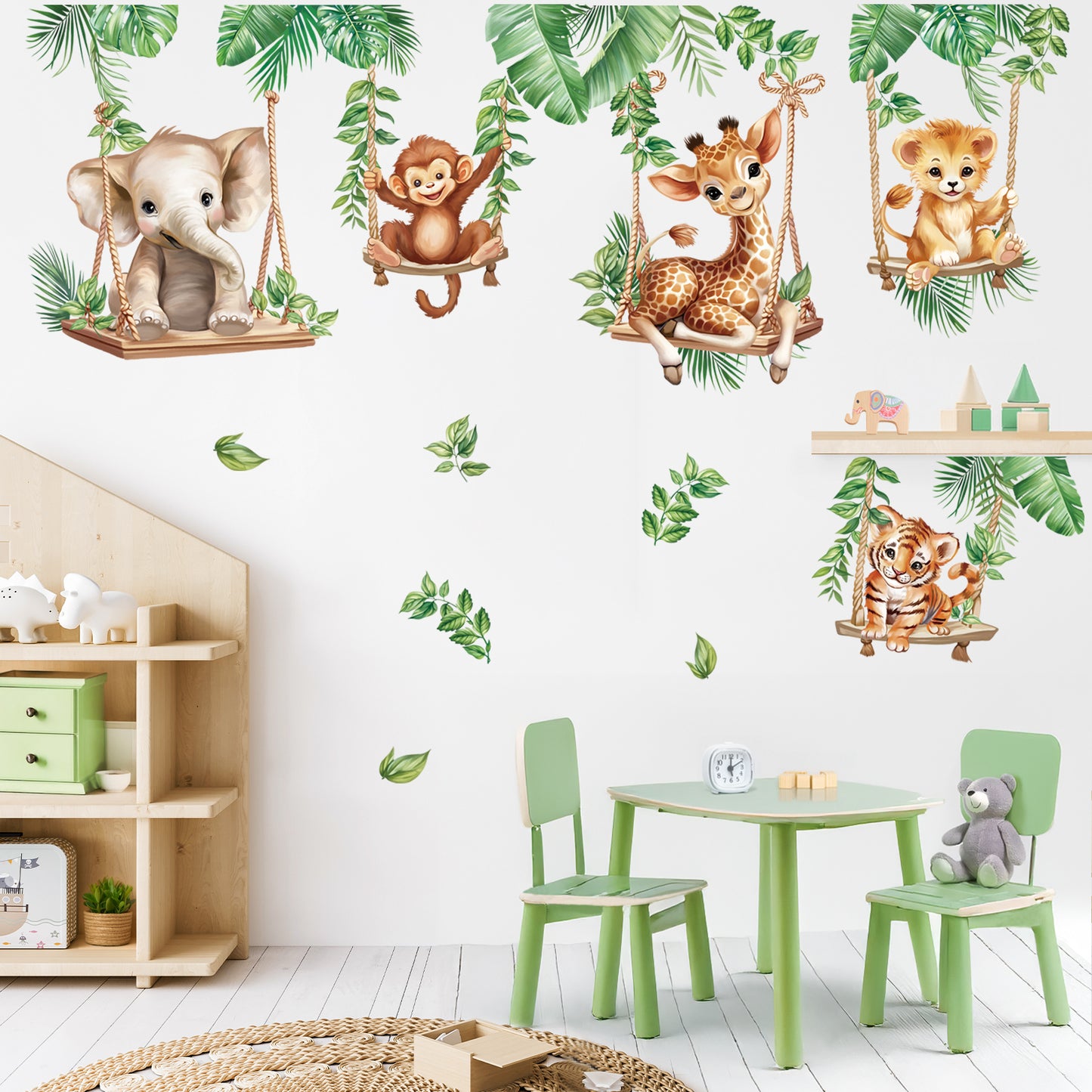 wondever Jungle Animal on Swings Wall Stickers Baby Lion Elephant Giraffe Tropical Leaves Peel and Stick Wall Art Decals