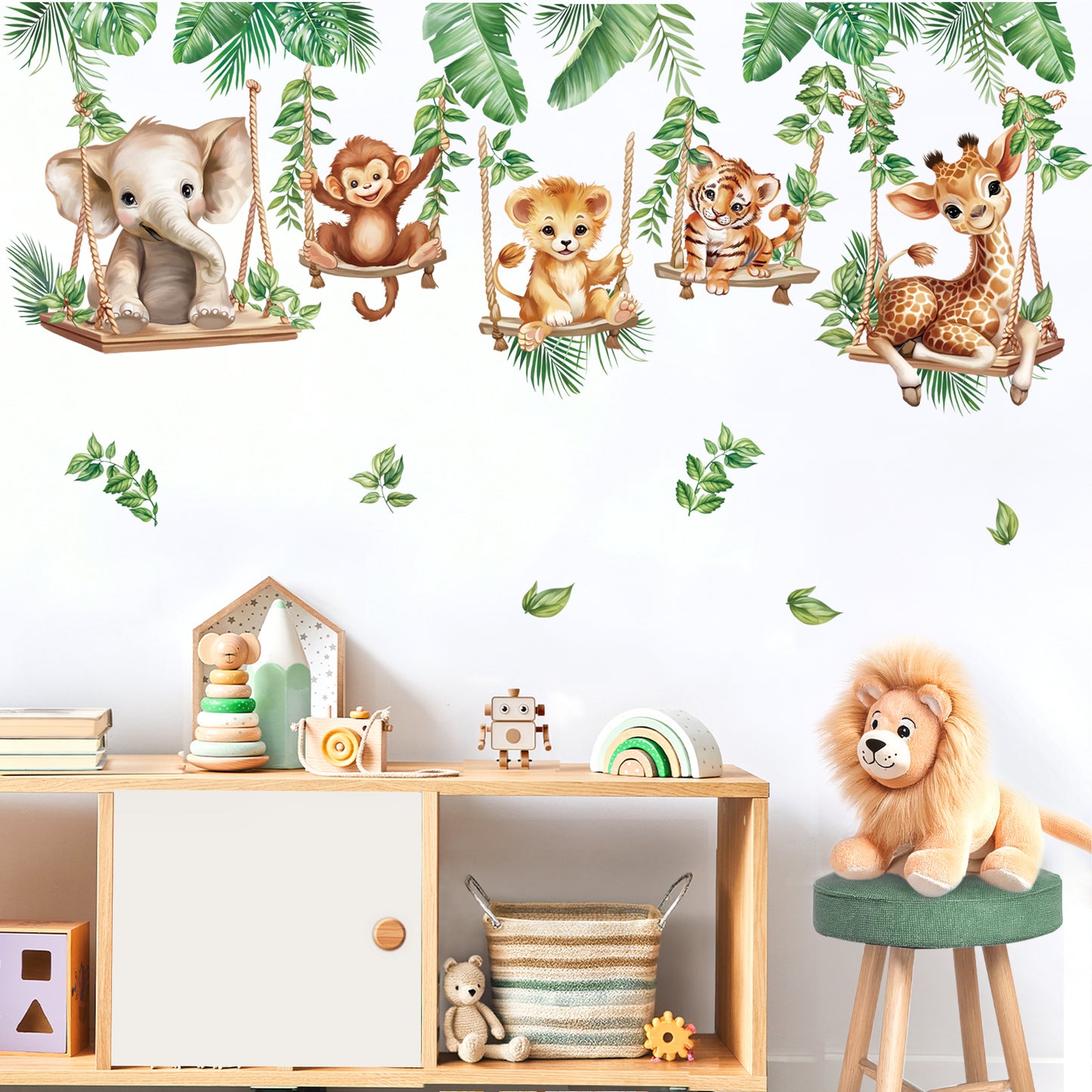 wondever Jungle Animal on Swings Wall Stickers Baby Lion Elephant Giraffe Tropical Leaves Peel and Stick Wall Art Decals