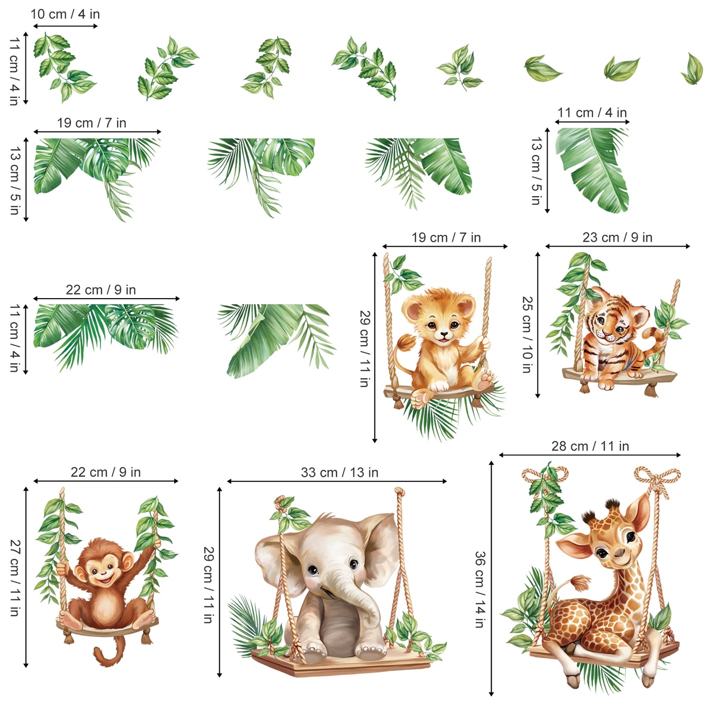 wondever Jungle Animal on Swings Wall Stickers Baby Lion Elephant Giraffe Tropical Leaves Peel and Stick Wall Art Decals