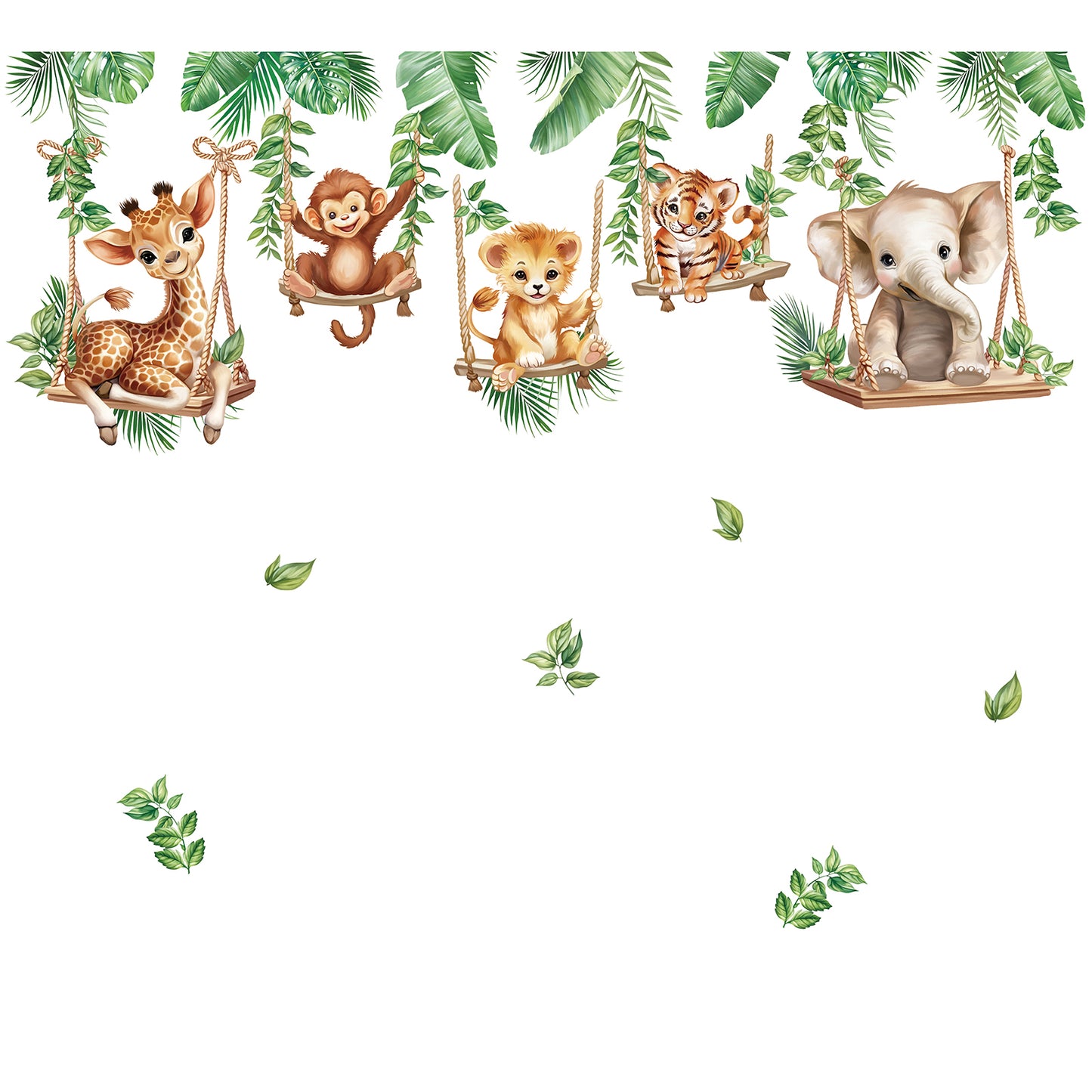 wondever Jungle Animal on Swings Wall Stickers Baby Lion Elephant Giraffe Tropical Leaves Peel and Stick Wall Art Decals